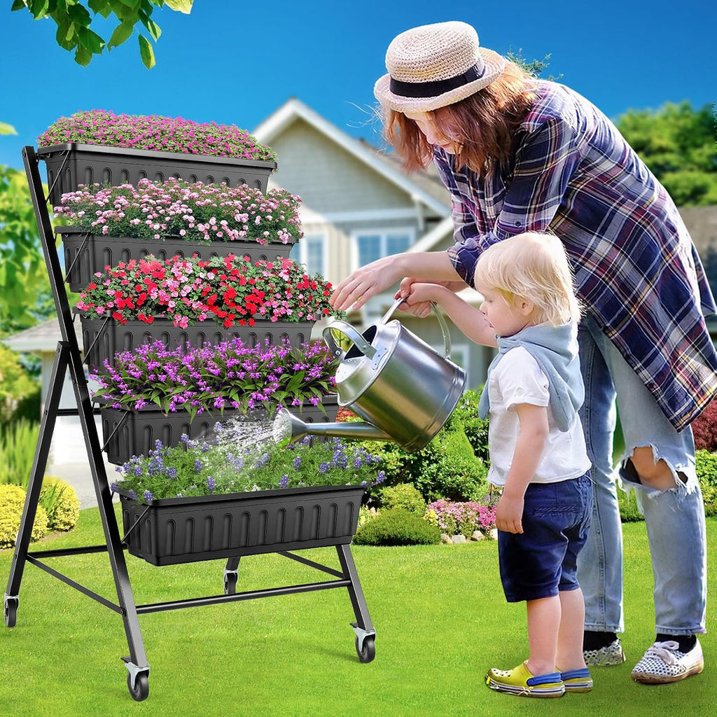 TEANDE Vertical Raised Garden Bed with Lockable Wheels, 5-Tier Elevated Planter Box w/Drainage System & 4 Hooks for