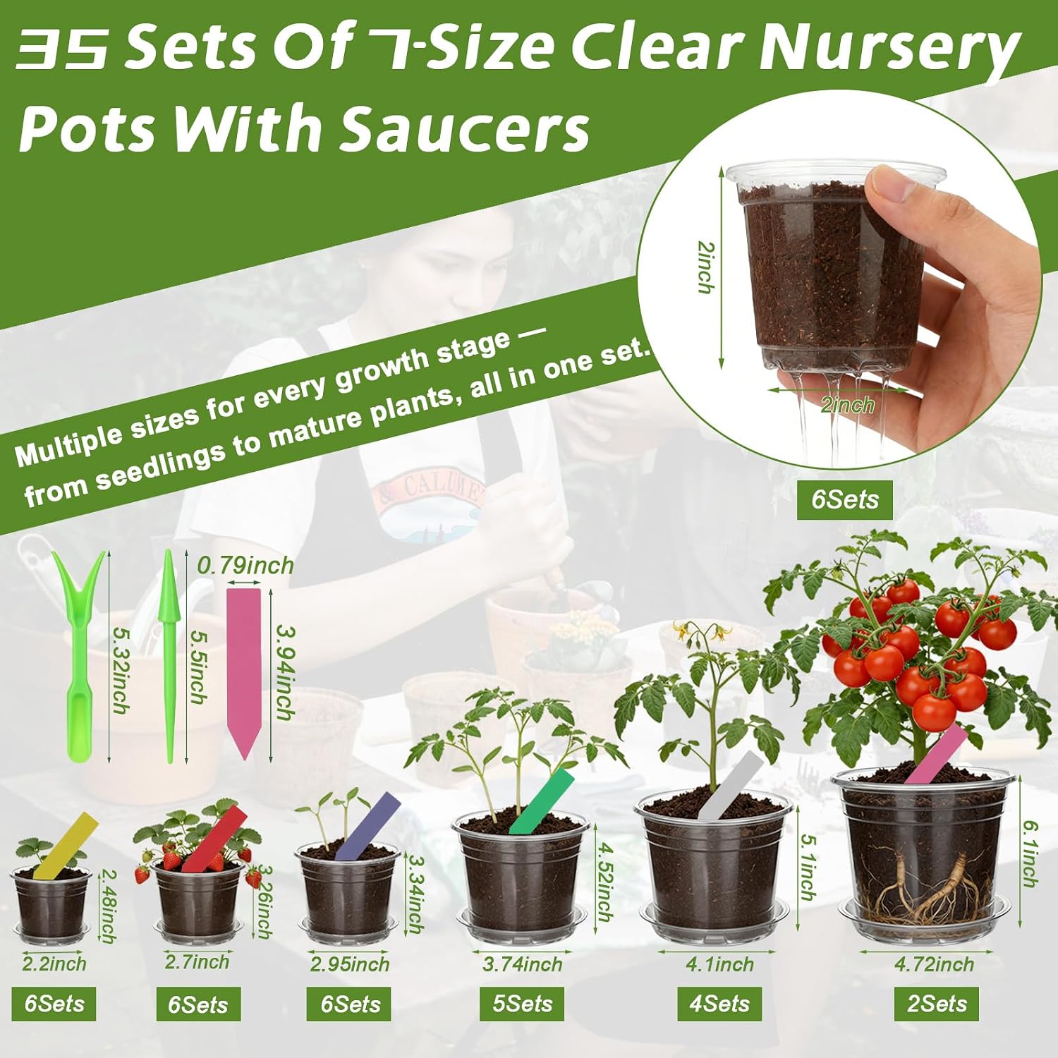 30Pcs Clear Plastic Nursery Pots with Drainage Holes and Saucers, 2.8/3/3.5/4/5/6/7 Inch Grow Seedling Starte Pots with