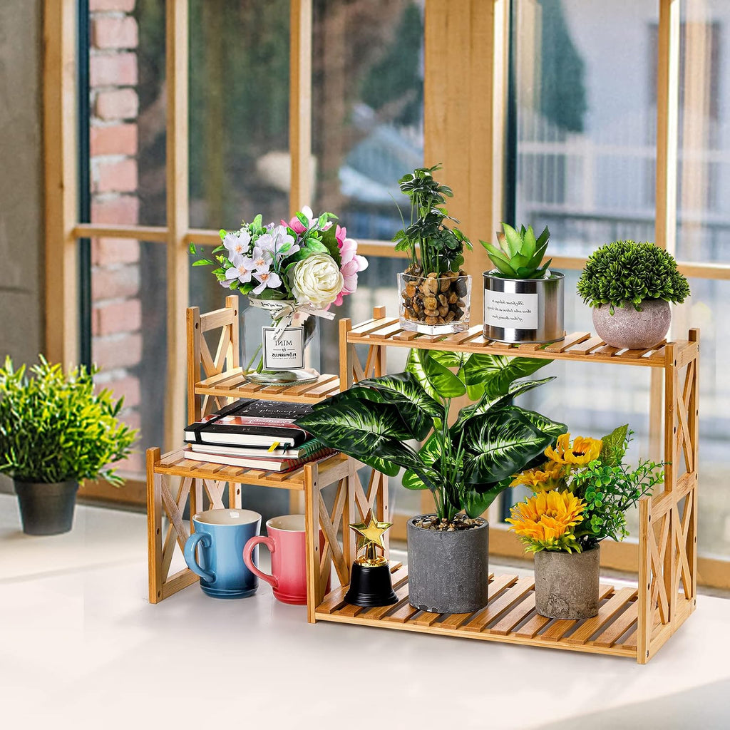 Lawei 2 Tier Bamboo Tabletop Plant Stand, Adjustable Flower Pot Holder Shelf Planter Display Stand, Small Desktop