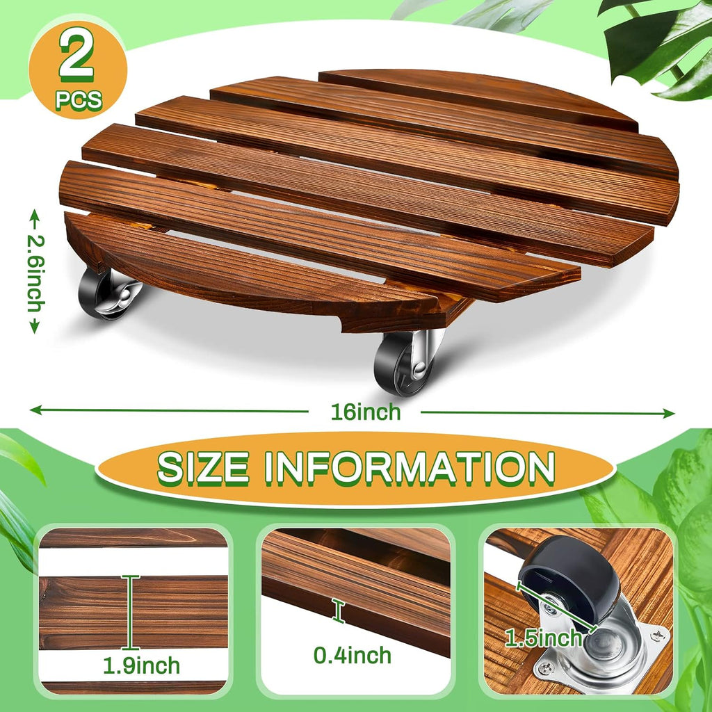 2 Pack 16 Inch Wooden Rolling Plant Caddy, 220 Lbs Lockable Wheels