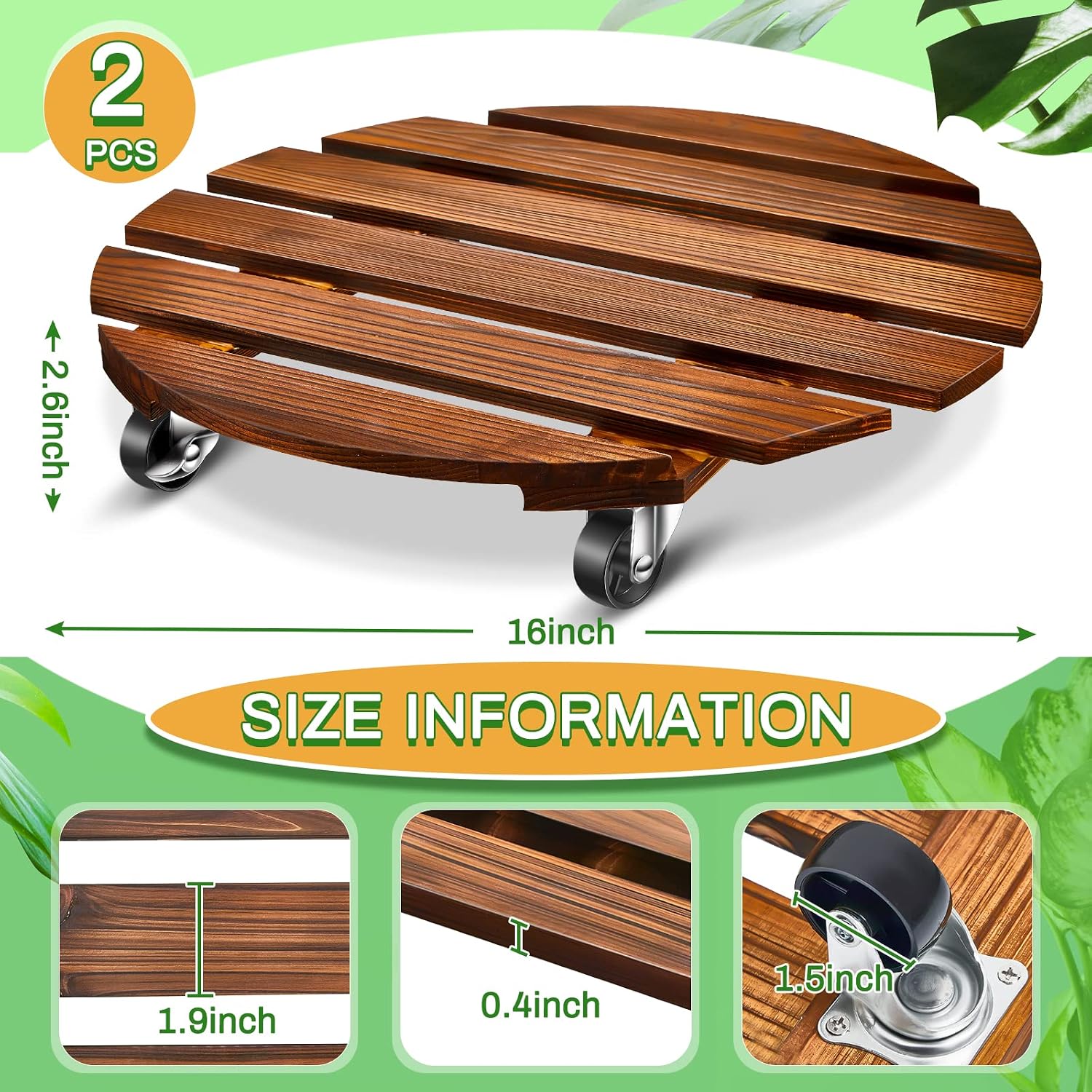 2 Pack 16 Inch Wooden Rolling Plant Caddy, 220 Lbs Lockable Wheels