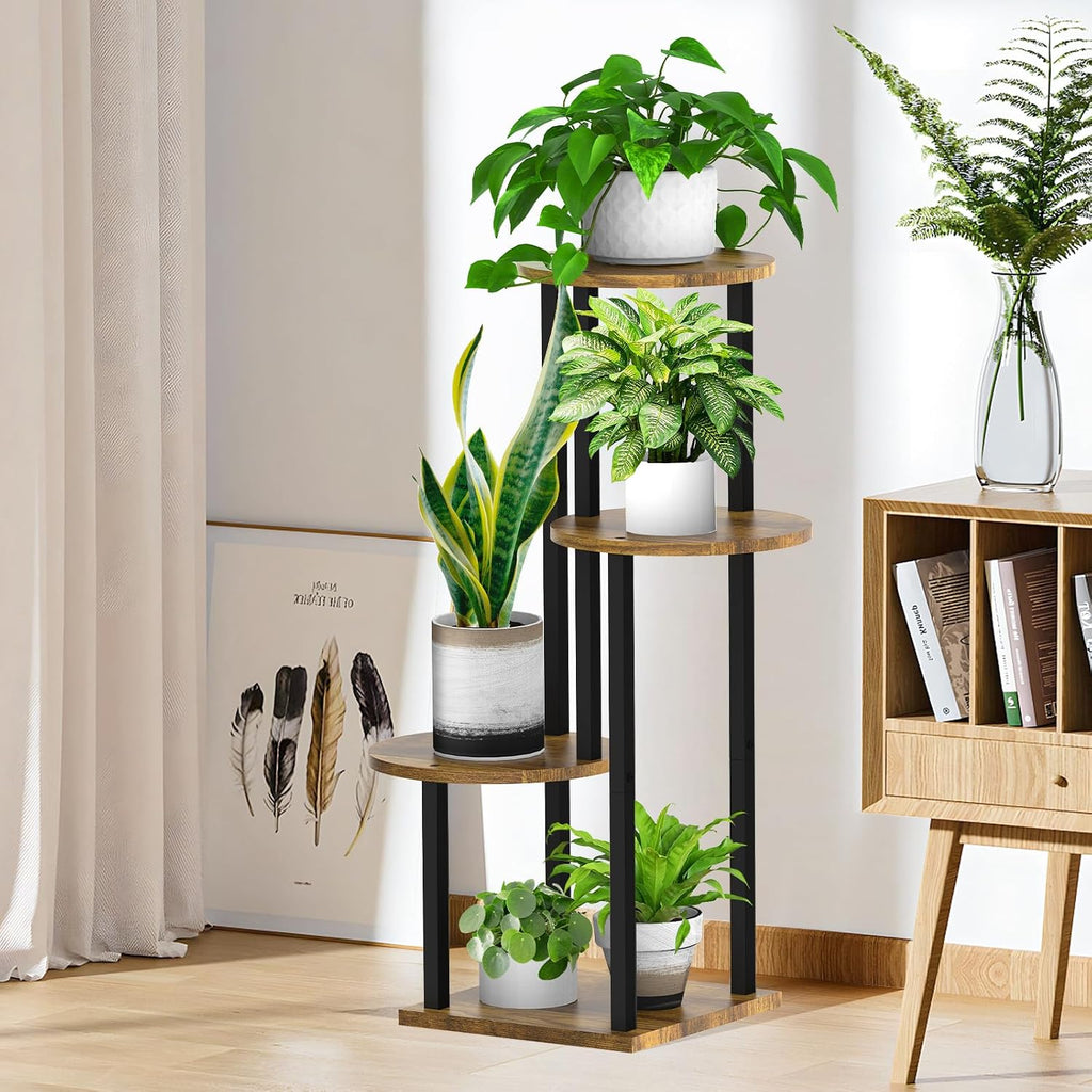 4 Tier Wood Tall Plant Stand Metal Rack Indoor, Multiple Flower Pot Holder Shelves Corner Rack, Round Planter Shelf