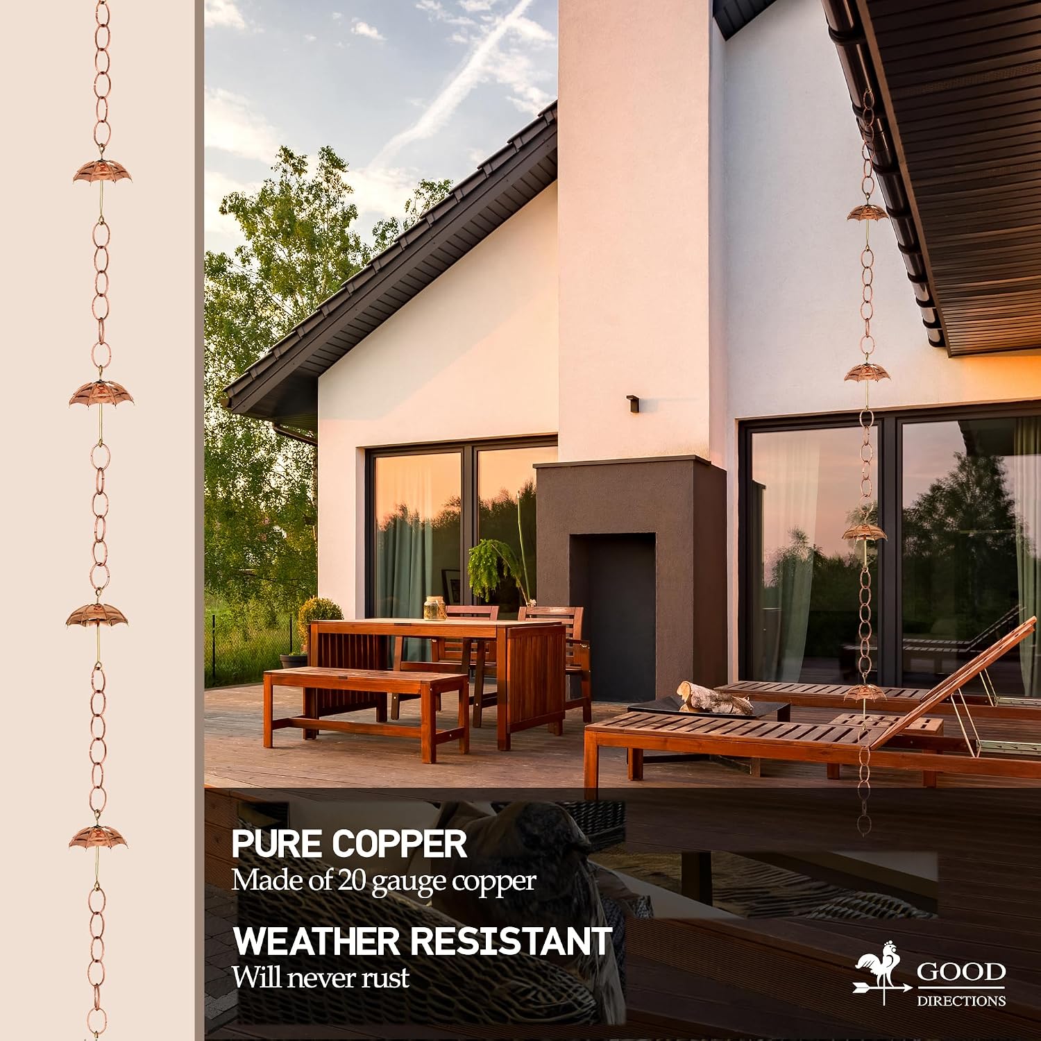 Good Directions 486P-8 Umbrella Rain Chain 8-1/2 Feet Long, Extra Large Umbrellas, 100% Pure Copper