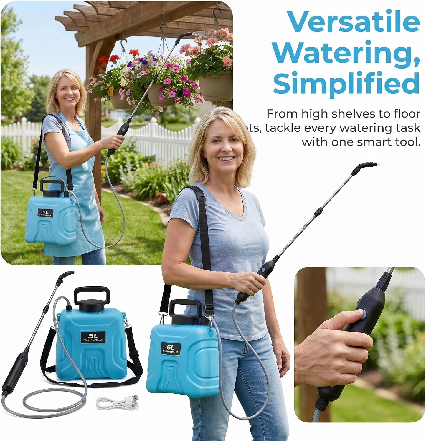 5L Plant Watering Can - Rechargeable Cordless Sprayer with Wand | Includes an Extendable 25.6–33.4 in Wand, 2 M Hose
