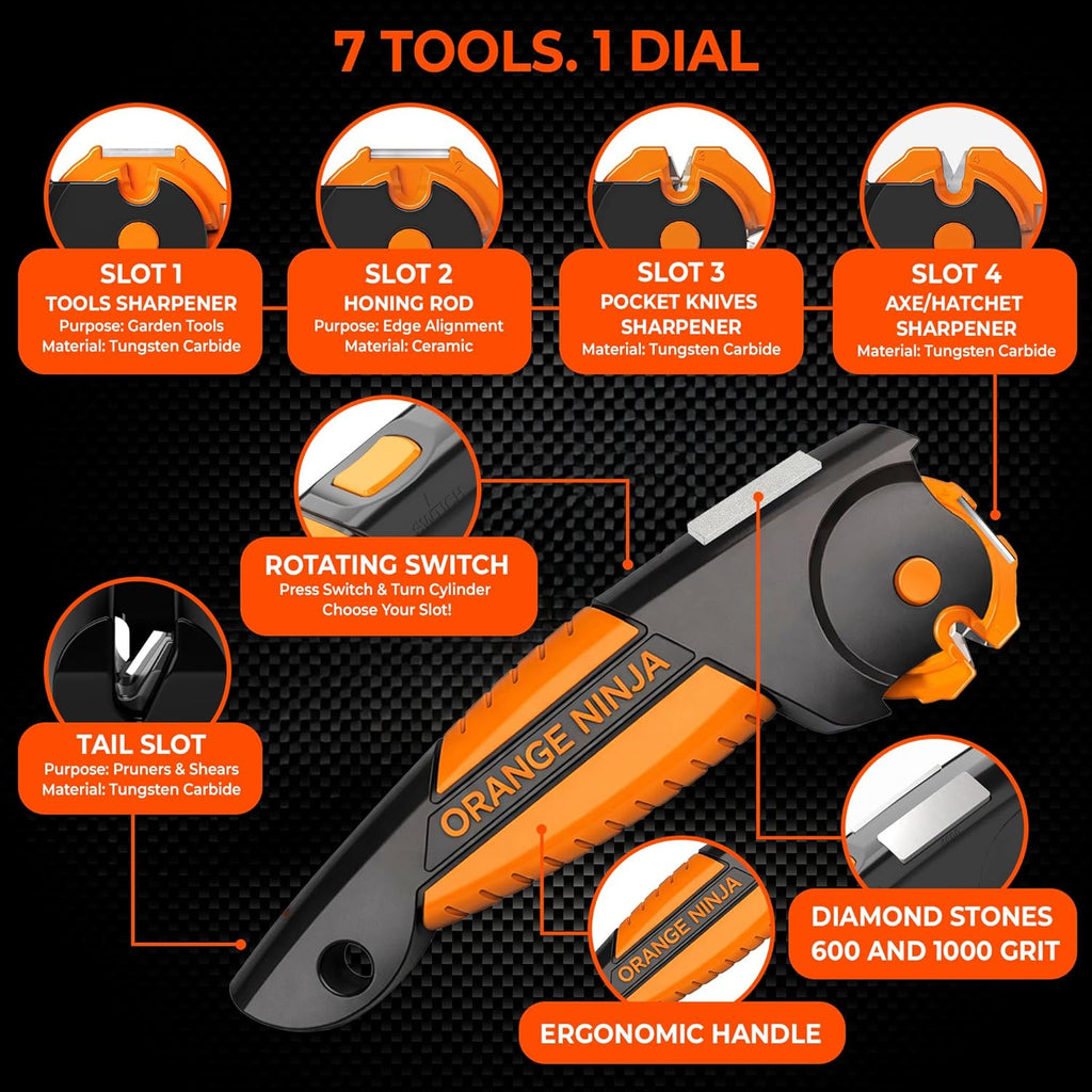 Orange Ninja 7-in-1 Garden Tool & Knife Sharpener- One Tool for Every Blade | Sharpens Axes, Hatchets, Machetes