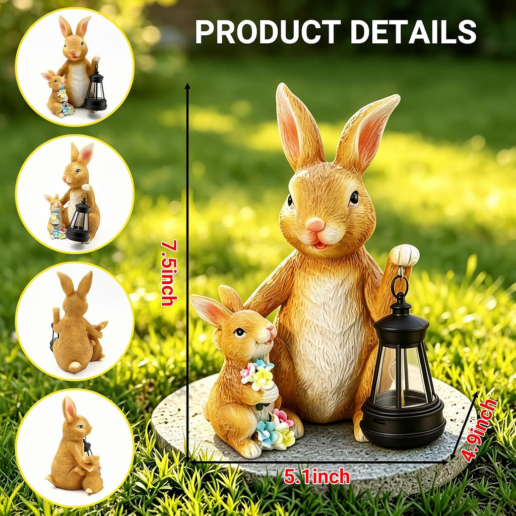 Solar Bunny Garden Statue with LED Lantern, Waterproof Resin Figurine | for Tabletop, Patio, Lawn & Easter Garden, Cute