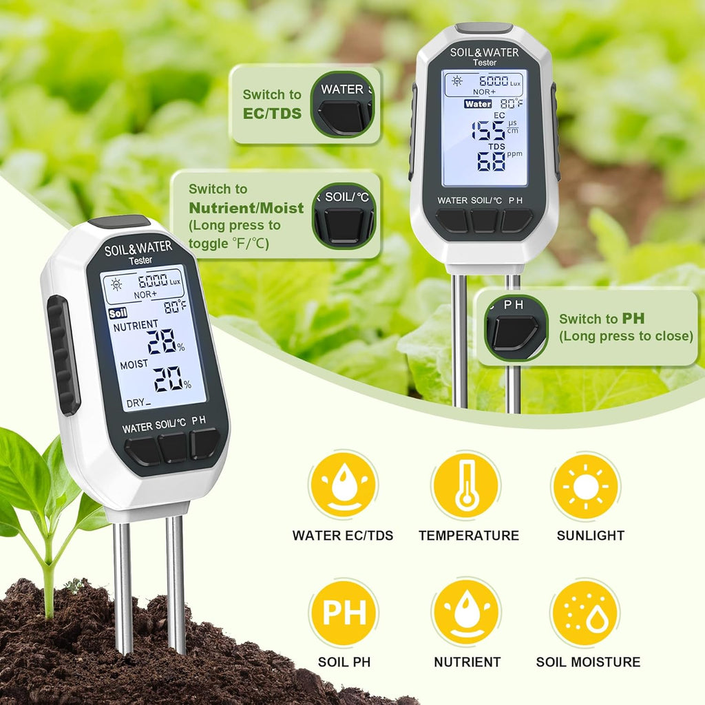 Moisture Meter for Plants, 7-in-1 Digital Soil Tester Kit with Backlit LCD - Measures pH, EC, TDS, Fertility, Temp