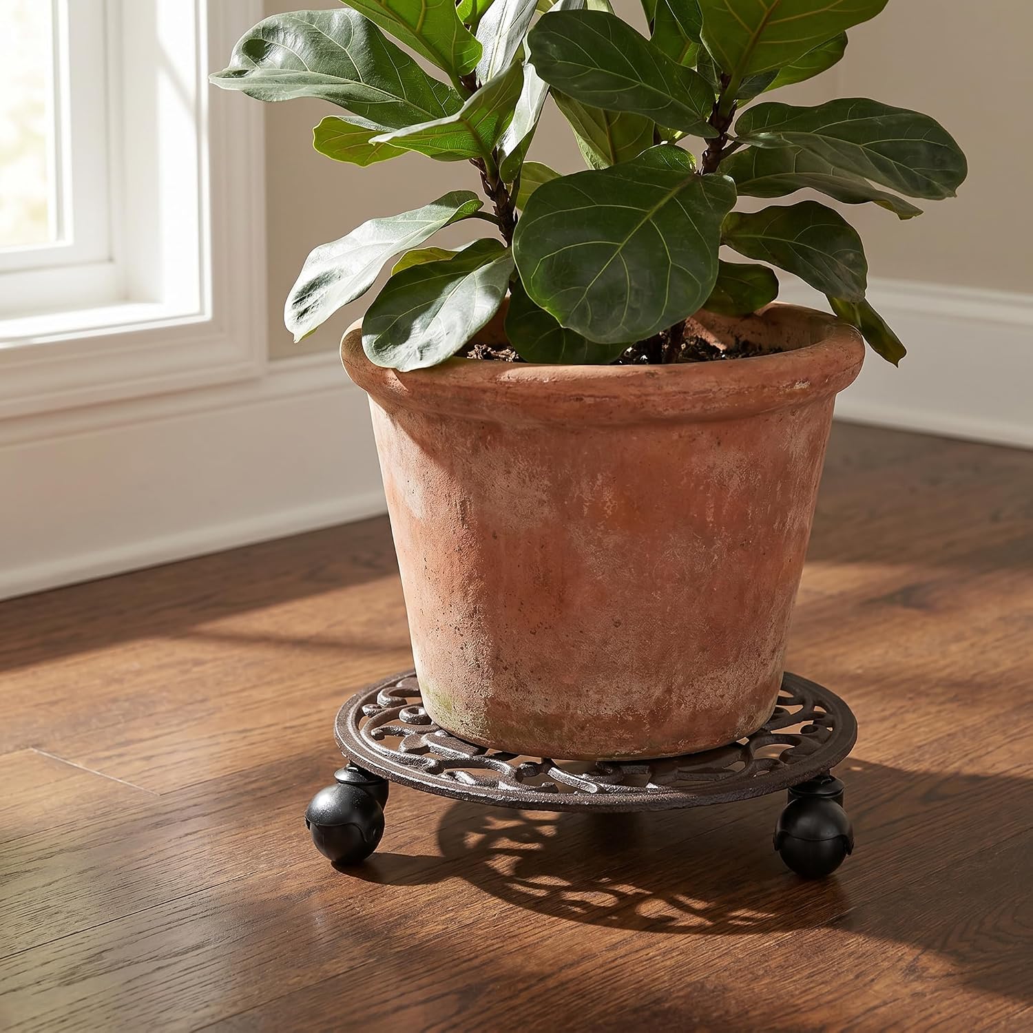 Fasmov Rose Cast Iron Plant Stand Plant Pallet Caddy Plant Pot with Heavy Duty Wheels Indoor Outdoor Planter Trolley