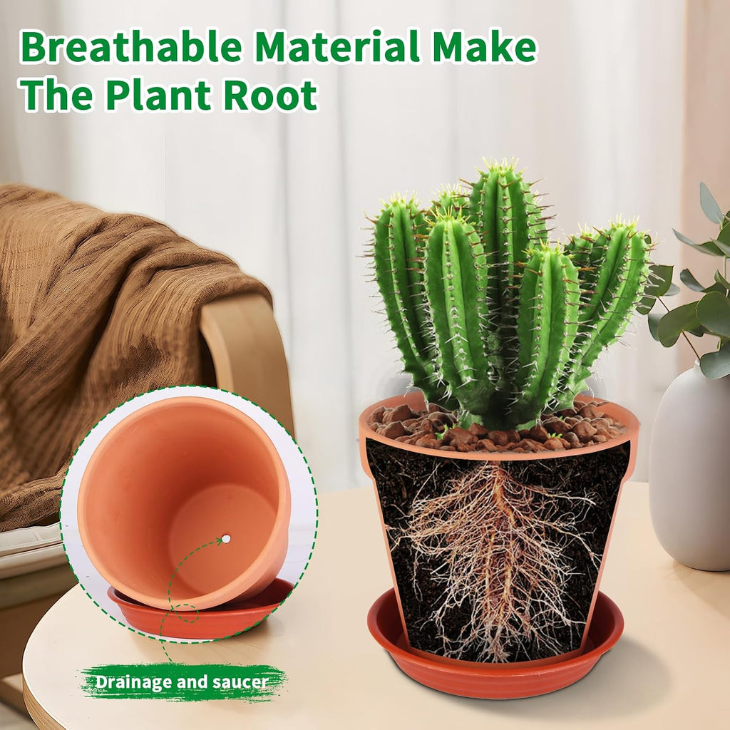 6 Pack 6 Inch Terracotta & Clay Pots with Saucer for Plants, Large Terra Cotta Plant Pot with Drainage Hole, Flowerpot