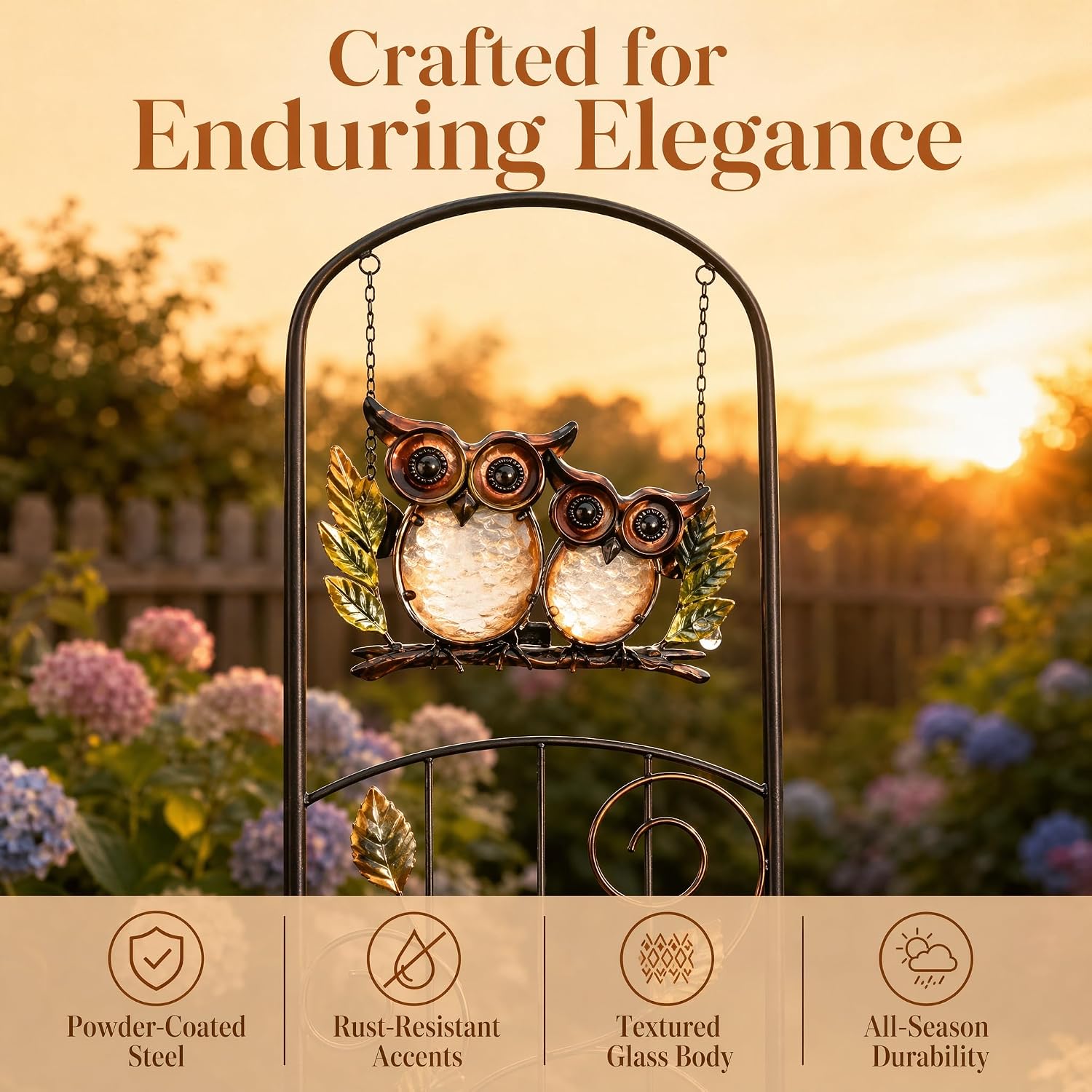 Solar Owl Garden Trellis Metal Climbing Plant Stake | 49-Inch Rustproof Iron Vine Support with IP65 Waterproof LED