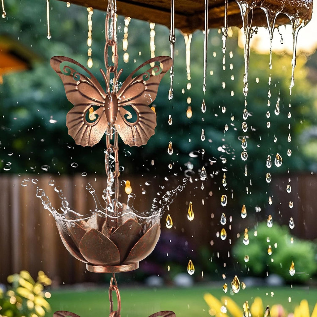 8.8ft Rain Chain for Gutters Downspouts Outside,Butterfly Rain Chain Cups with 12 Copper Chain Adjustable Lotus Rain