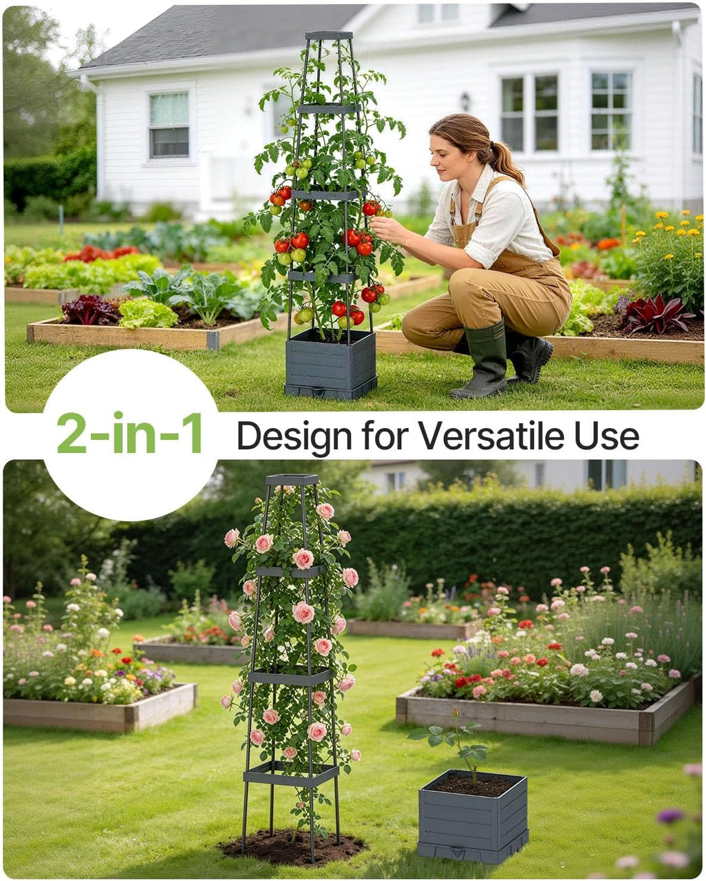 Suteck Raised Garden Bed with Trellis, 2PK Self-Watering Tomato Planter Box | Adjustable Height Steel Support Frame for