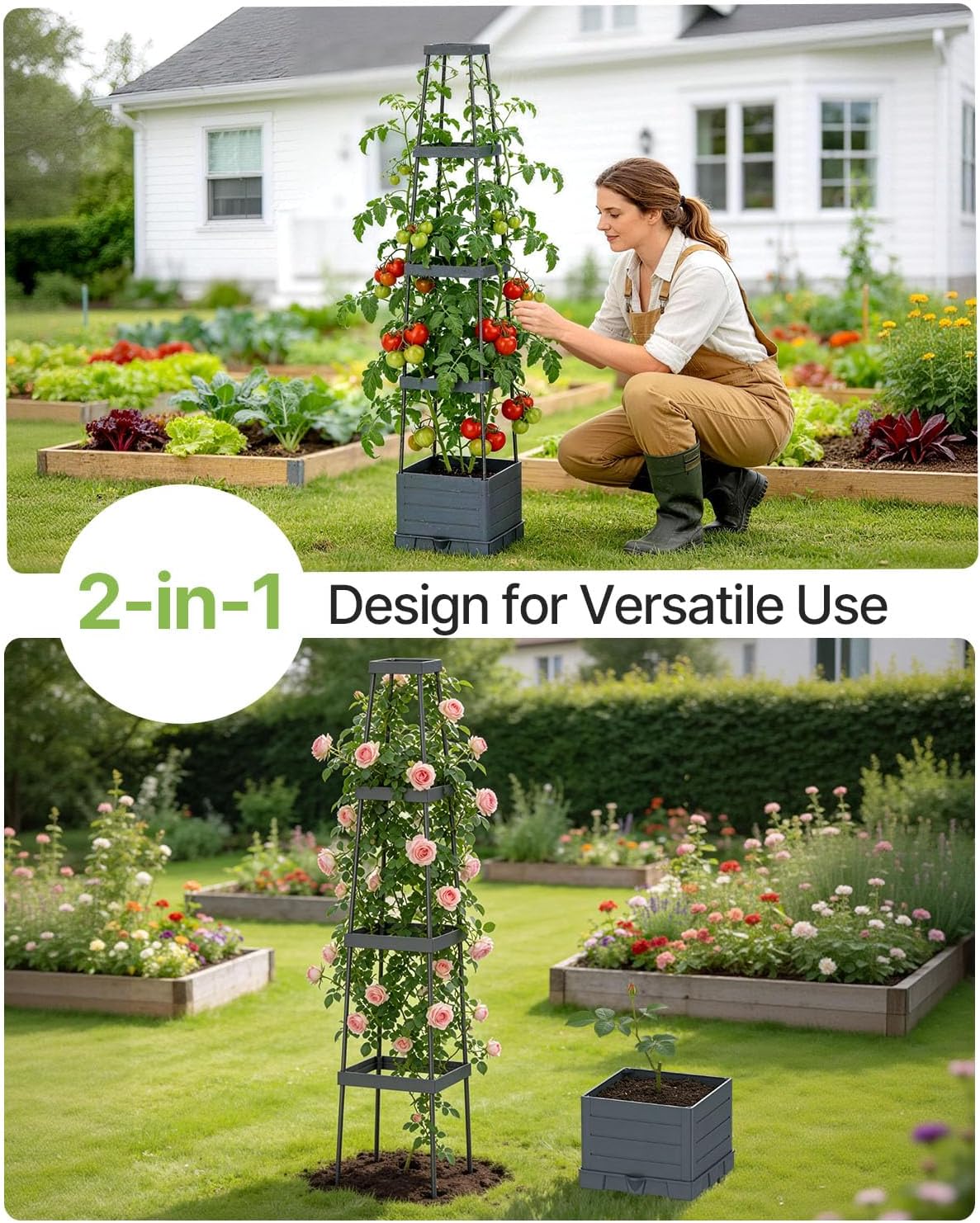 Suteck Raised Garden Bed with Trellis, 2PK Self-Watering Tomato Planter Box | Adjustable Height Steel Support Frame for