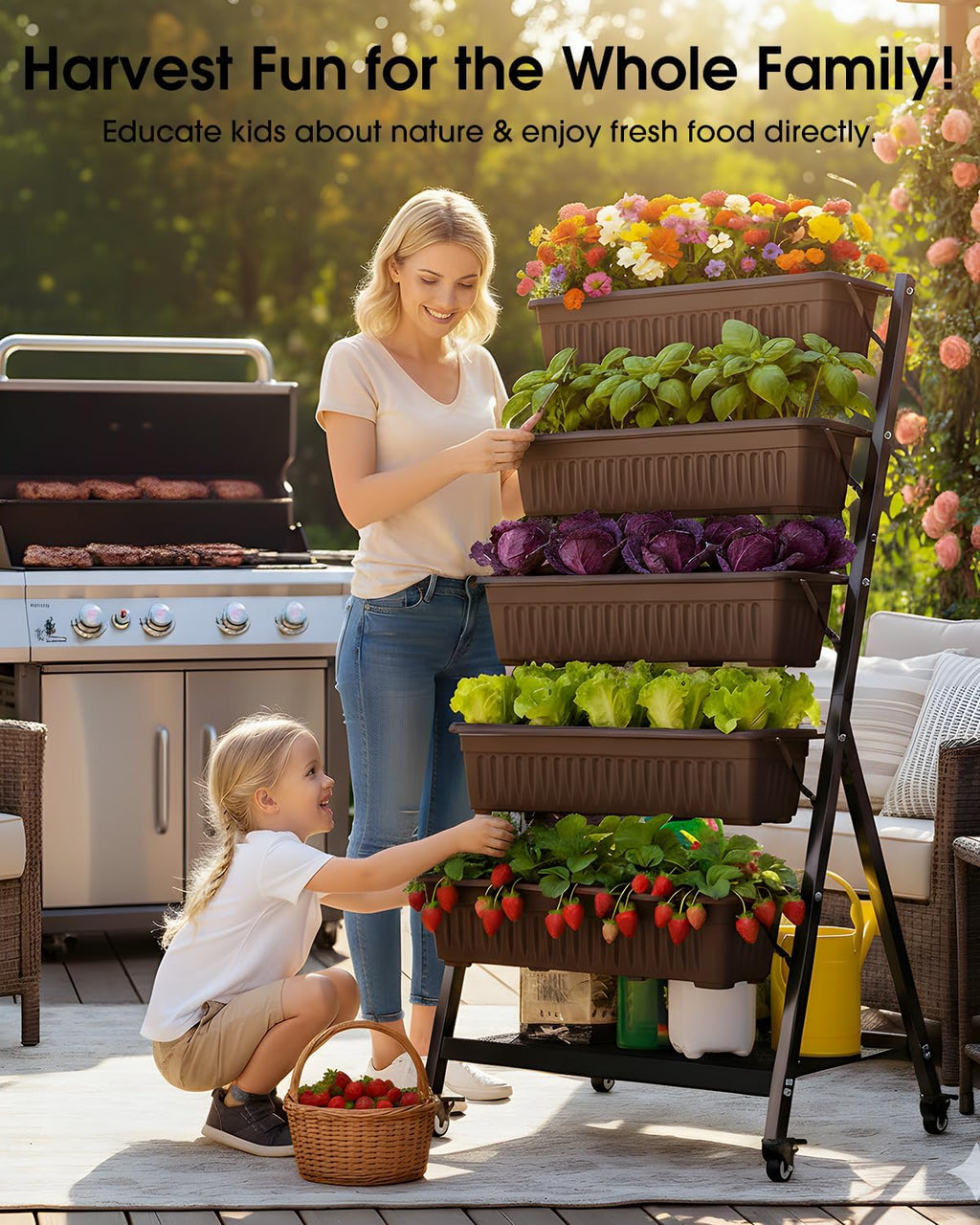 5-Tier Vertical Garden Bed Planter Boxes with Wheels, Drainage System & Storage Space, Mobile Vertical Garden Planter
