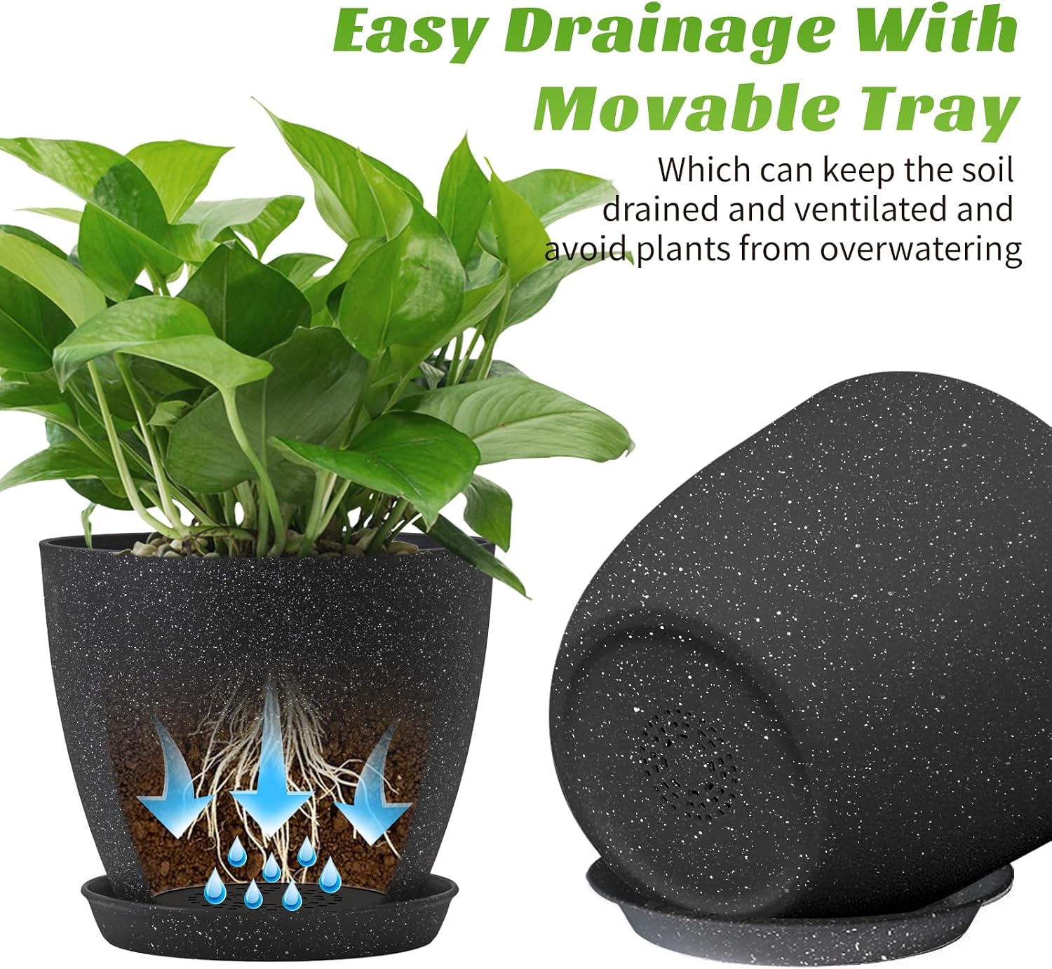 10/9/8 Inch 3 Pack Speckled White Plant Pots with Drainage Holes and Saucers, Indoor Outdoor Decor Planters for