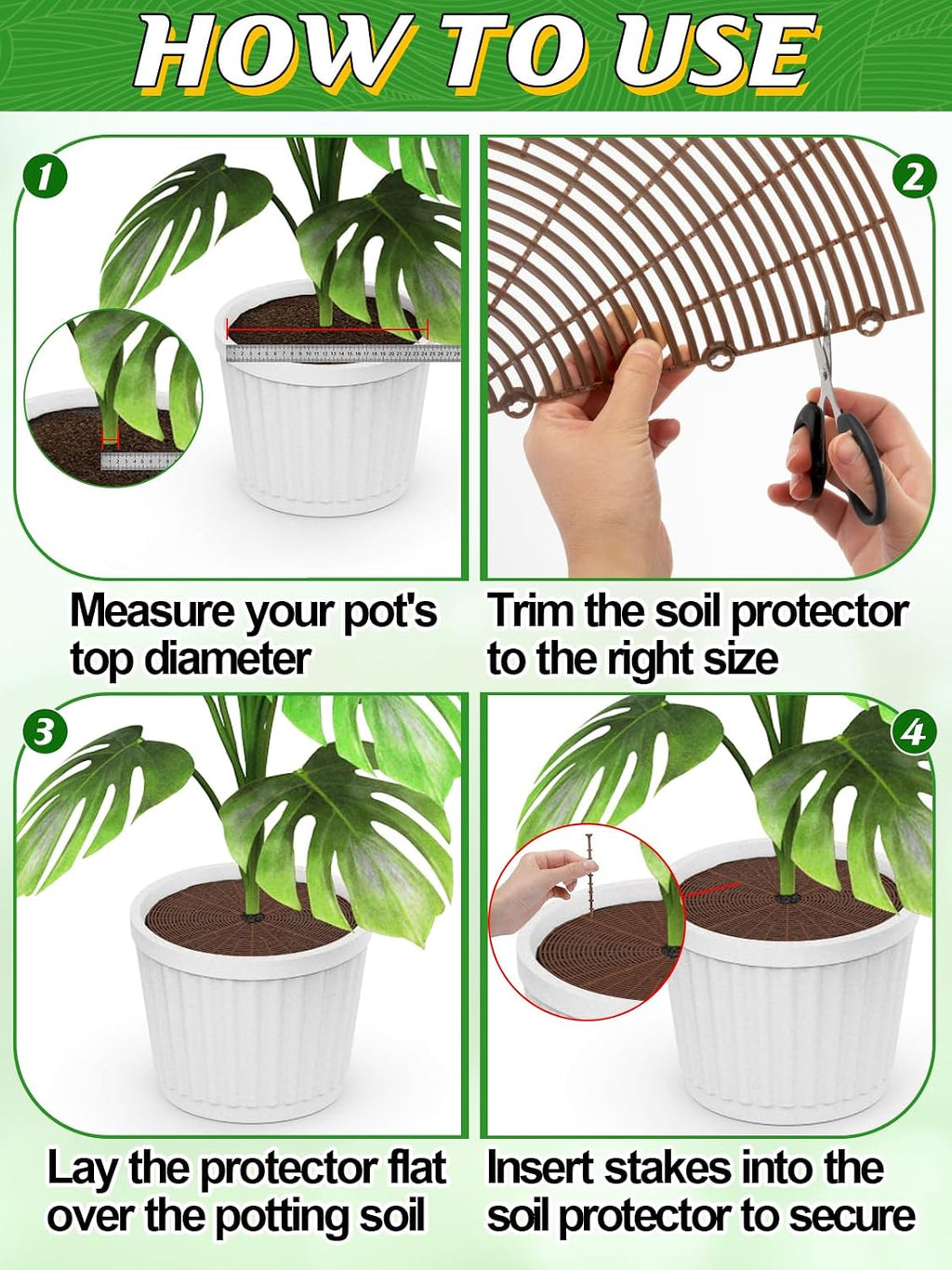 ANPHSIN 3 Plant Pot Grid Cover Protectors from Animals, 20.8" Dia | Cuttable Flower Pot Soil Cover with 36 Stakes, Keep