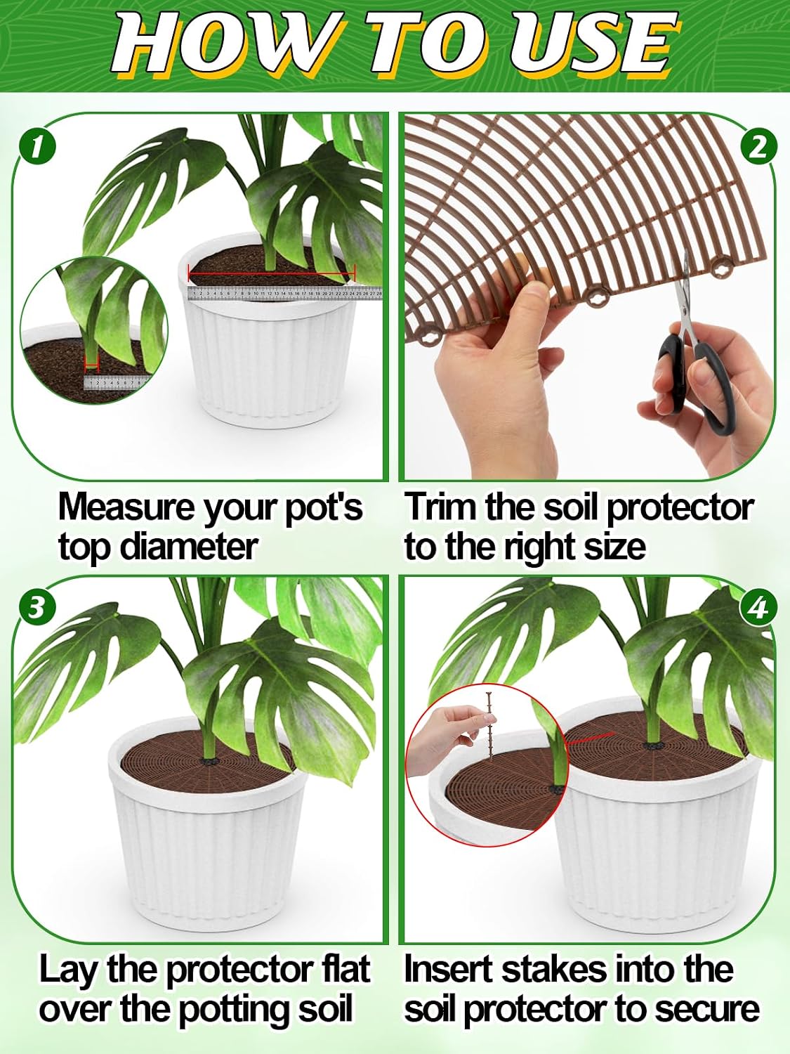 ANPHSIN 3 Plant Pot Grid Cover Protectors from Animals, 20.8" Dia | Cuttable Flower Pot Soil Cover with 36 Stakes, Keep