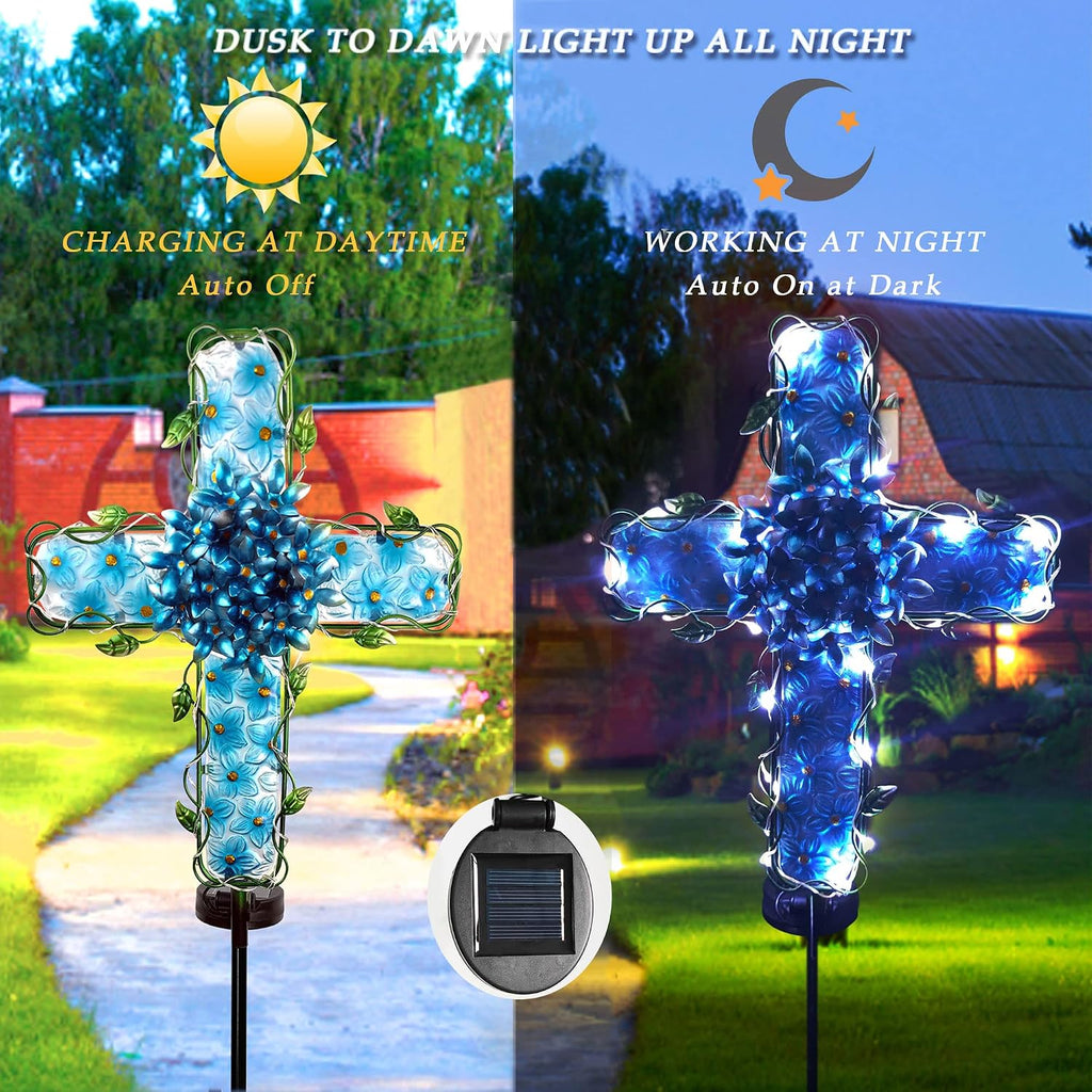 COOZZYHOUR Solar Cross Garden Lights Outdoor Decorative - Solar Metal&Glass Cross Blue Hydrangea Flower Stake Lights