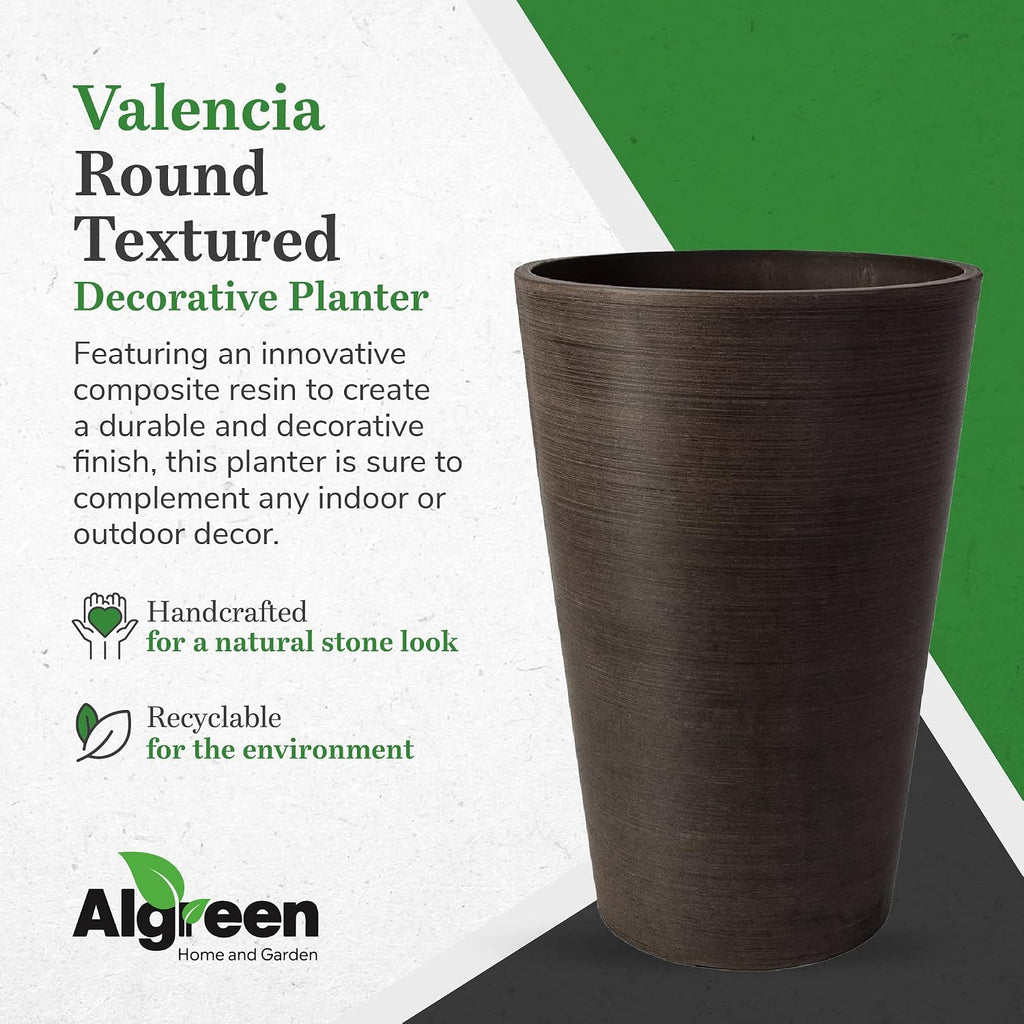 Algreen Valencia Round Planter Pot, 12.25 by 18-Inch, Textured Brown | Round Shape, Indoor Use, UV And Weather