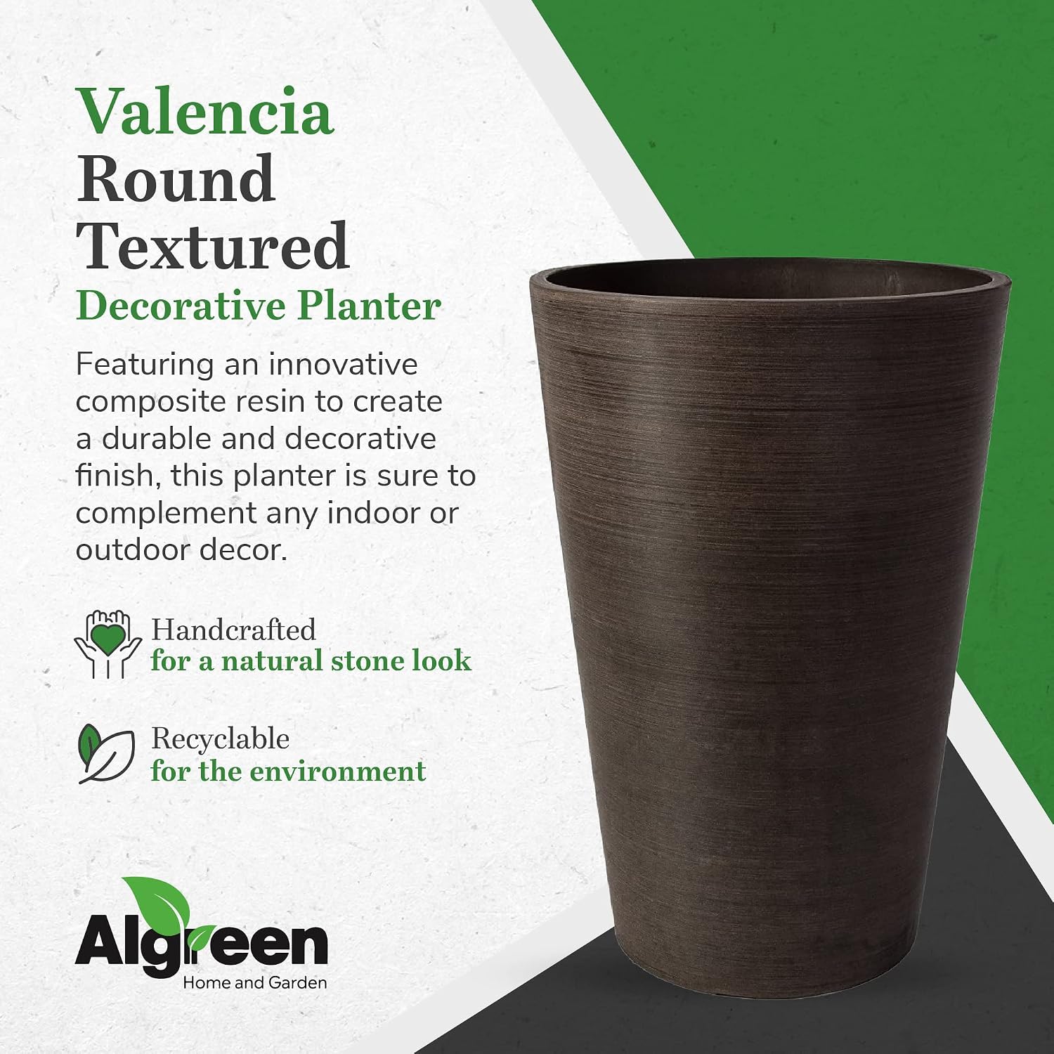 Algreen Valencia Round Planter Pot, 12.25 by 18-Inch, Textured Brown | Round Shape, Indoor Use, UV And Weather