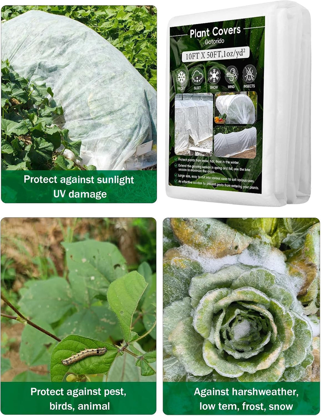 Plant Covers Freeze Protection, 10 ft x 50 ft 1.0 oz/yd² Reusable Frost Protection Floating Row Cover, Frost Blankets