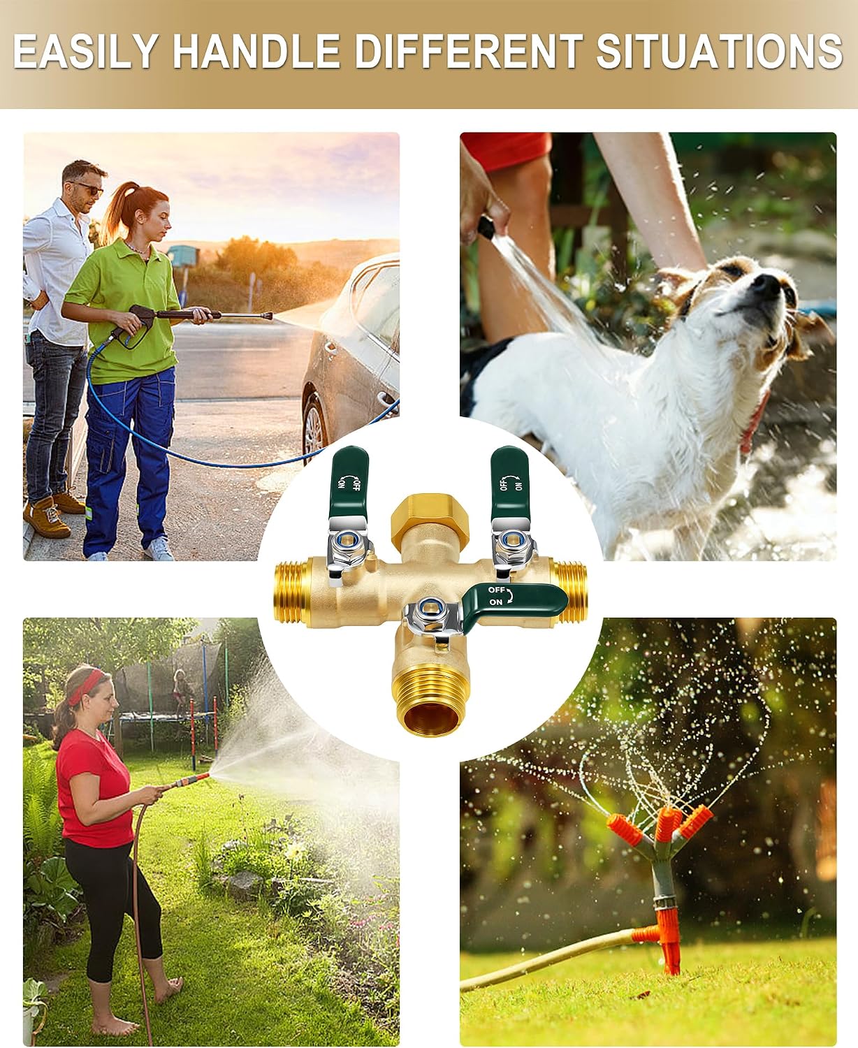 EBH Garden Hose Splitter 3 Way, Heavy Duty Solid Brass Hose Splitter with Shutoff Valves, Water Spigot Splitter With
