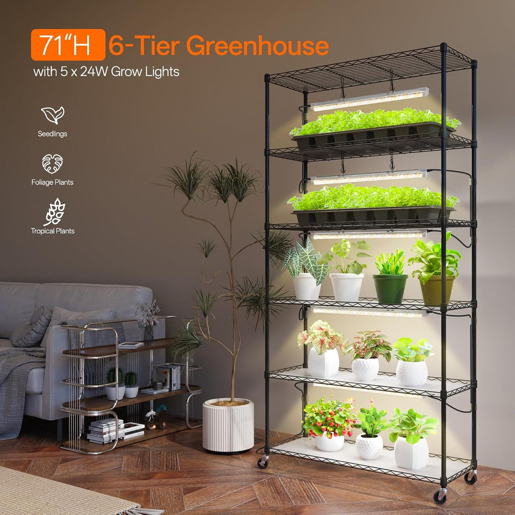 6-Tier Plant Shelf with Grow Light, 35.4x13.8x71in | Grow Light Shelf, Indoor Plant Stand, 5-Pack Full Spectrum Plant