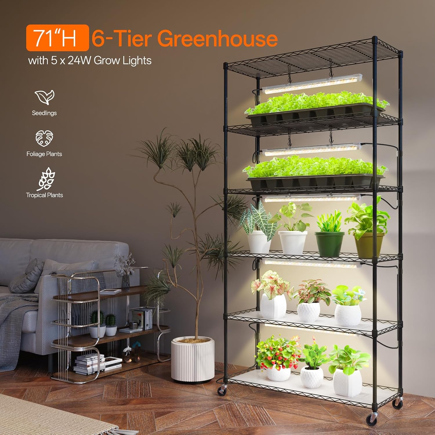 6-Tier Plant Shelf with Grow Light, 35.4x13.8x71in | Grow Light Shelf, Indoor Plant Stand, 5-Pack Full Spectrum Plant