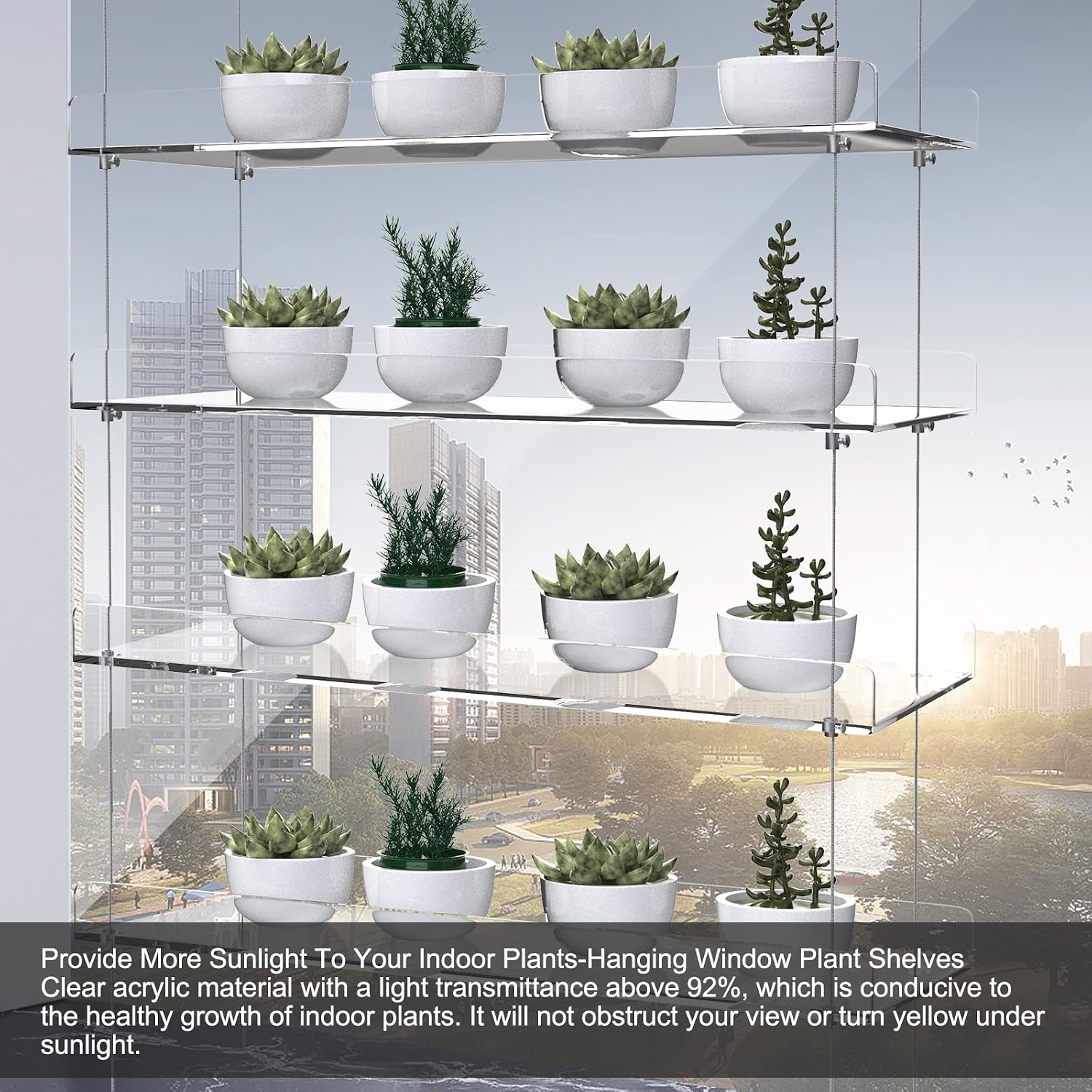 4-Tier Floating Acrylic Plant Shelf – Each Tier 16 Inch Long | Height Adjustable for Indoor Garden, Ideal for Herbs &