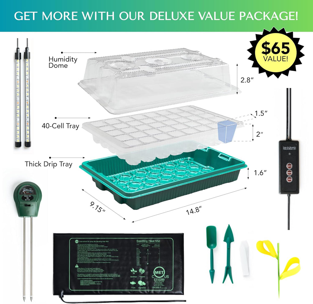 Seed Starter Kit with Grow Lights & Heat Mat – 40-Cell Seed Starter Tray, Humidity Dome, Soil Moisture Meter & Sticky