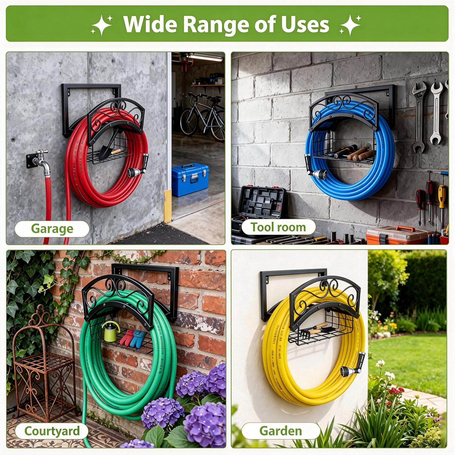 Garden Hose Holder Wall Mount, Metal Water Hose Holder with Basket | 150FT, Heavy Duty, Durable, Weather-Proof Hose