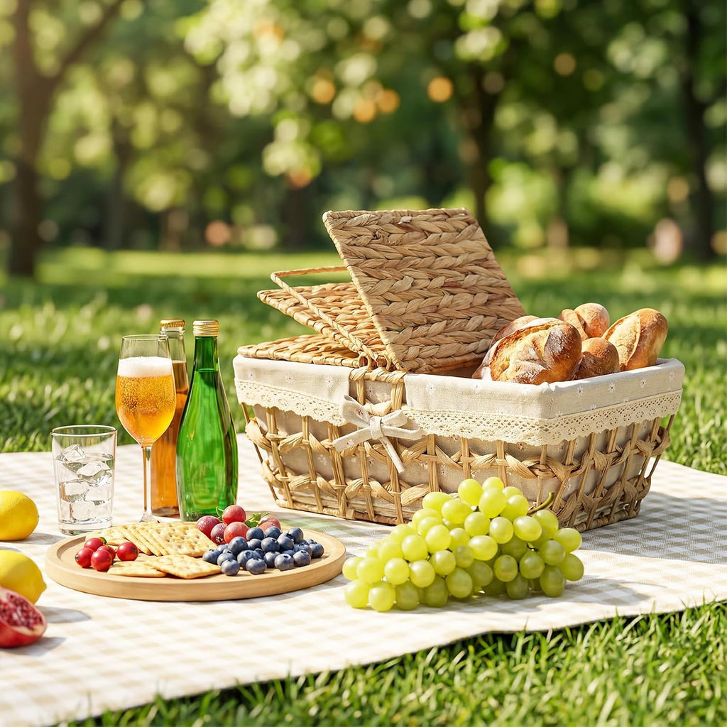LemonRoad Wicker Picnic Basket with Handle & Lid, 14" Water Hyacinth & Seagrass Hand Woven Basket with Removable Liner