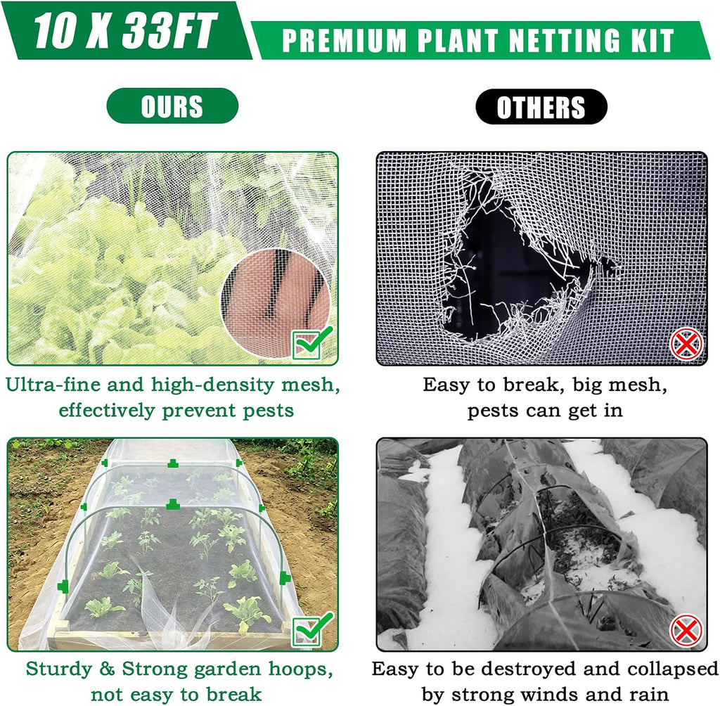 10 X 33 FT Garden Mesh Netting Kit Pest Barrier for Raised Beds with Hoops | Fruit Tree Netting with 6 Sets Garden