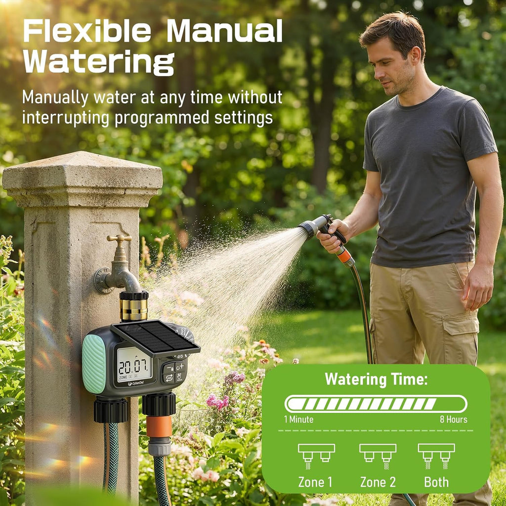 2 Zone Solar Water Timer, Hose Timer with Solar Charging | Sprinkler Timers for Garden Hose with Auto/Manual/Rain Delay