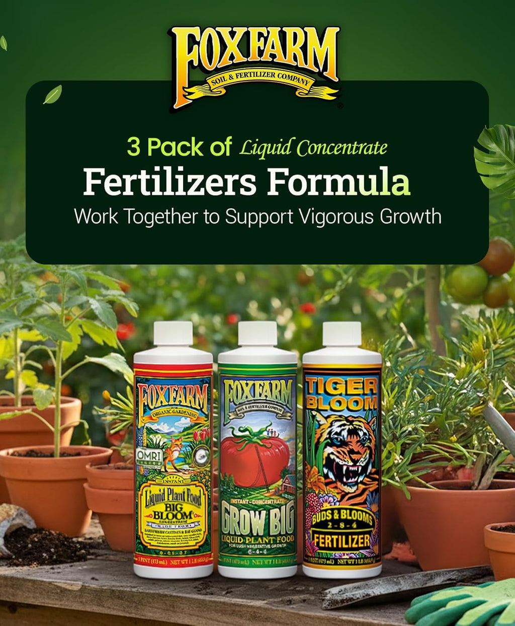FoxFarm Soil Liquid Trio Pack - Big Bloom, Grow Big, Tiger Bloom Fertilizers Supports Vigorous Plant Growth, Bud