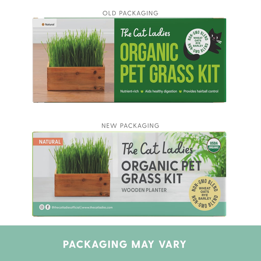 The Cat Ladies Cat Grass Kit with Rustic Wood Planter, Seed and Soil. Easy to Grow for Indoor or Outdoor Cats, Dogs and