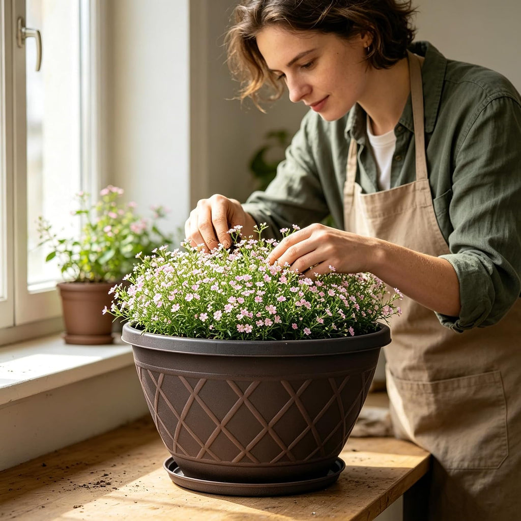 4 Pack 12 Inch Pots for Plants, Plastic Flower Pots with Faux-fence Texture | Modern Planter Pots with Saucers &