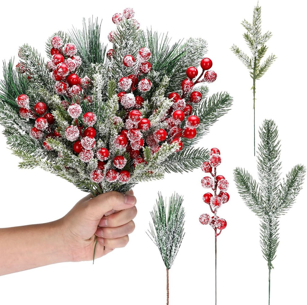 Lyrow 80 Pcs Christmas Picks Sprays, Snowy Berry Pine Branches,Red