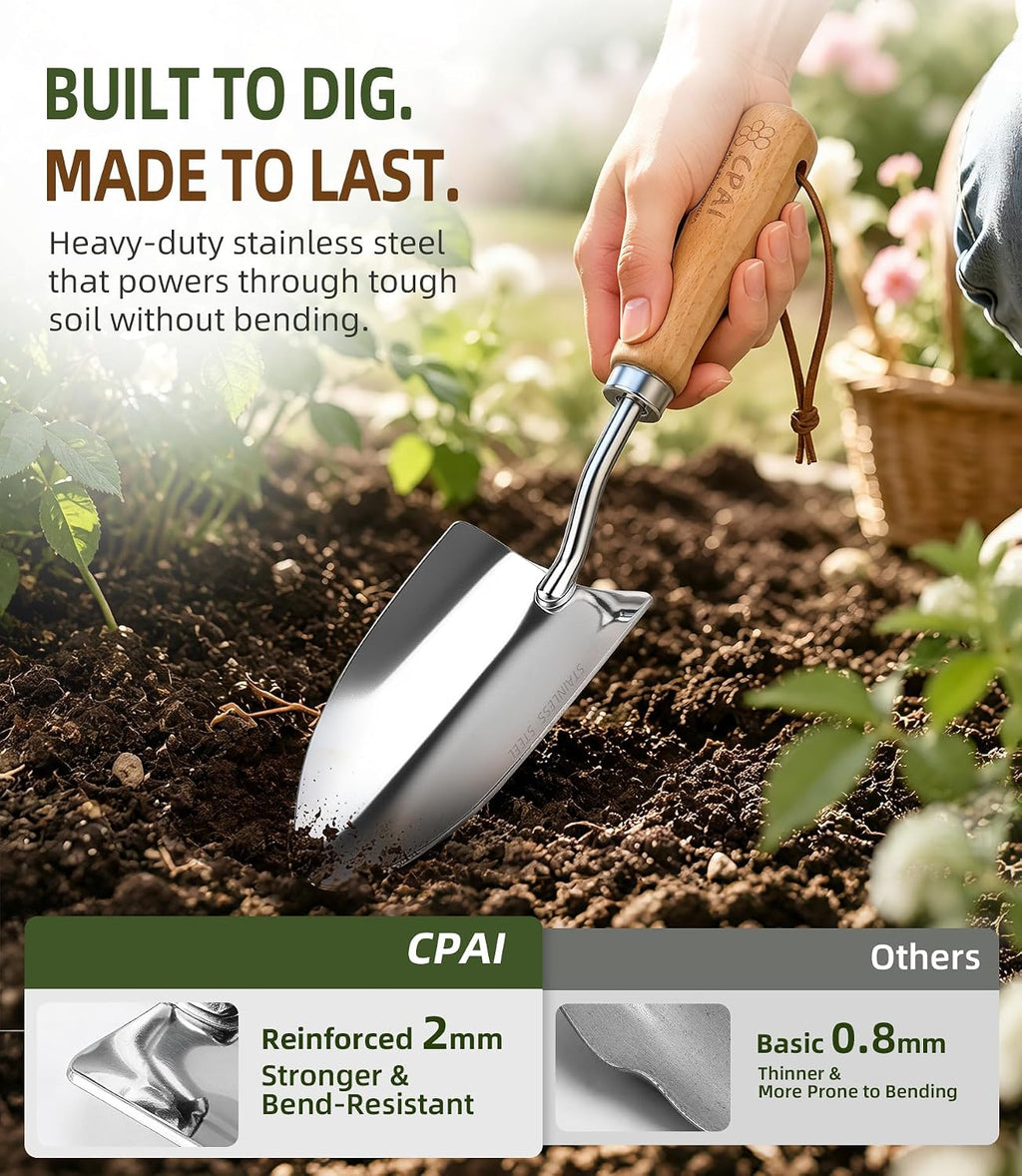 3-Piece Garden Tool Set, Stainless Steel Garden Trowel, Measurement Trowel and Hand Rake with Smooth Wooden Handles for