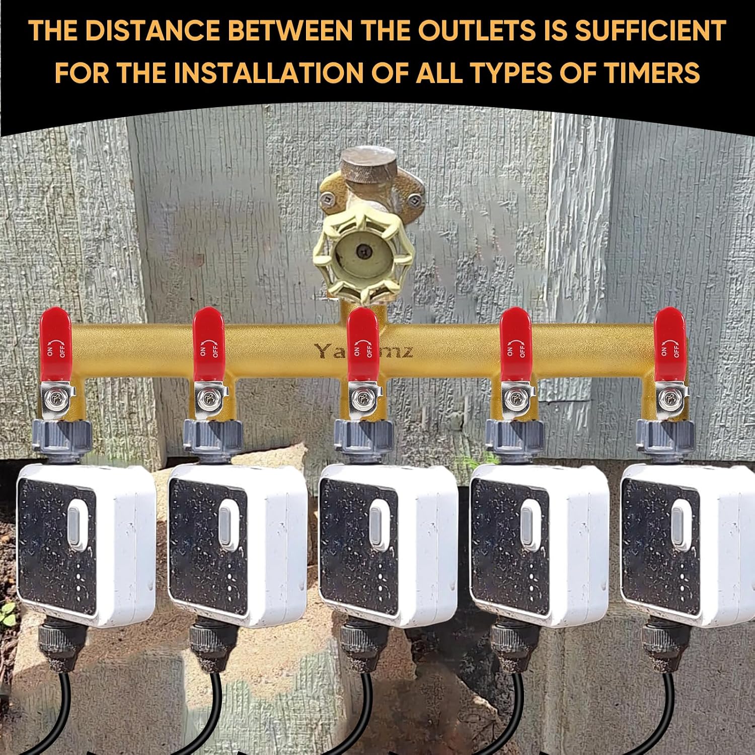 5 Way Garden Hose Splitter, 3/4" GHT Outdoor Water Spigot Splitter | Heavy Duty Solid Brass Body with Shut-off Valves &