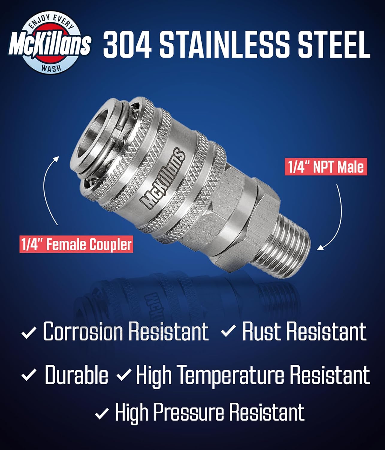 McKillans® 1/4” Nozzle Automatic Quick Connect Fittings - Stainless Steel 1/4” NPT Male Quick Connect Couplers