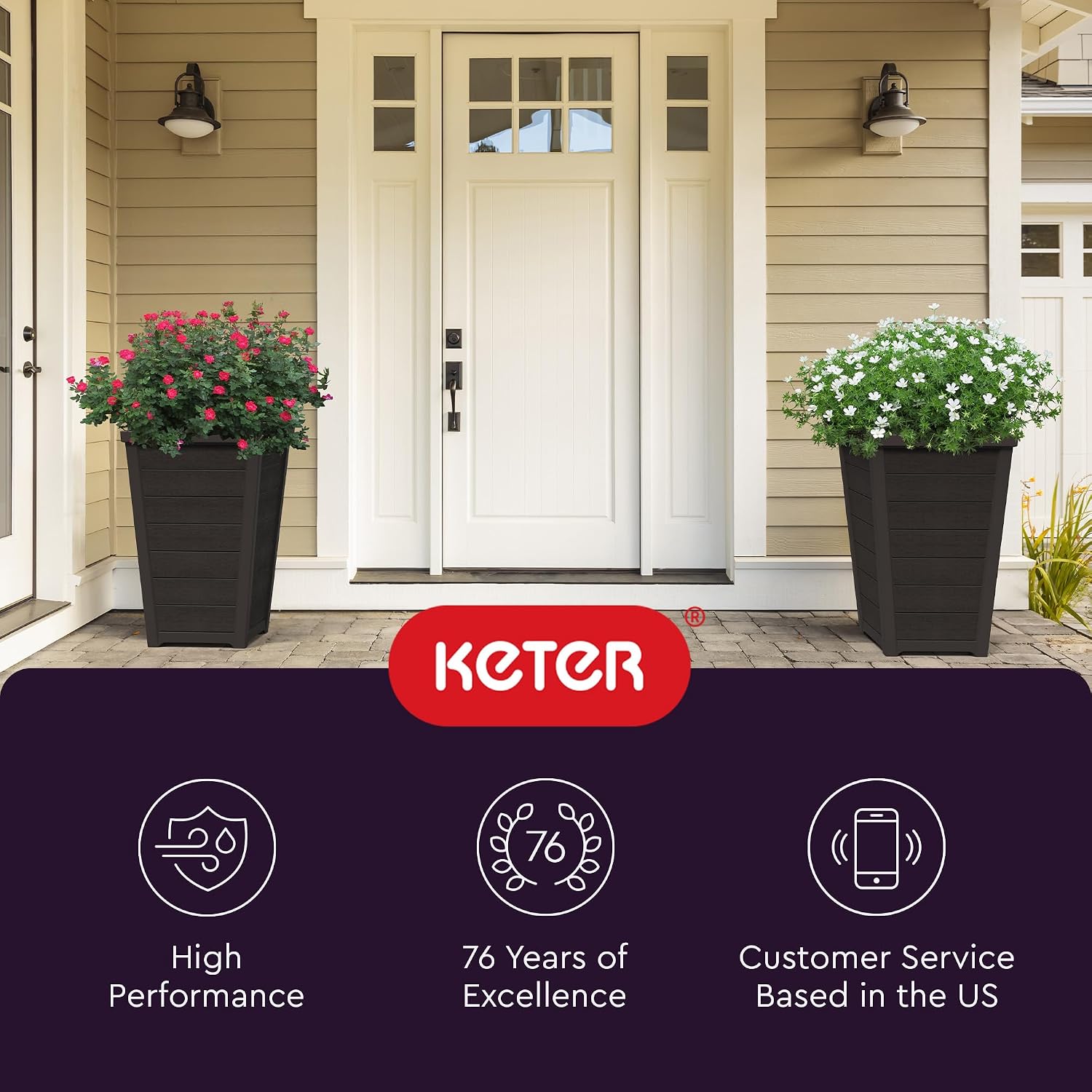 Keter Set of 2 Resin Modern Outdoor 22 Inch Tall Large Flower Pots, Tapered Wood Look Planters for Outdoor Plants and