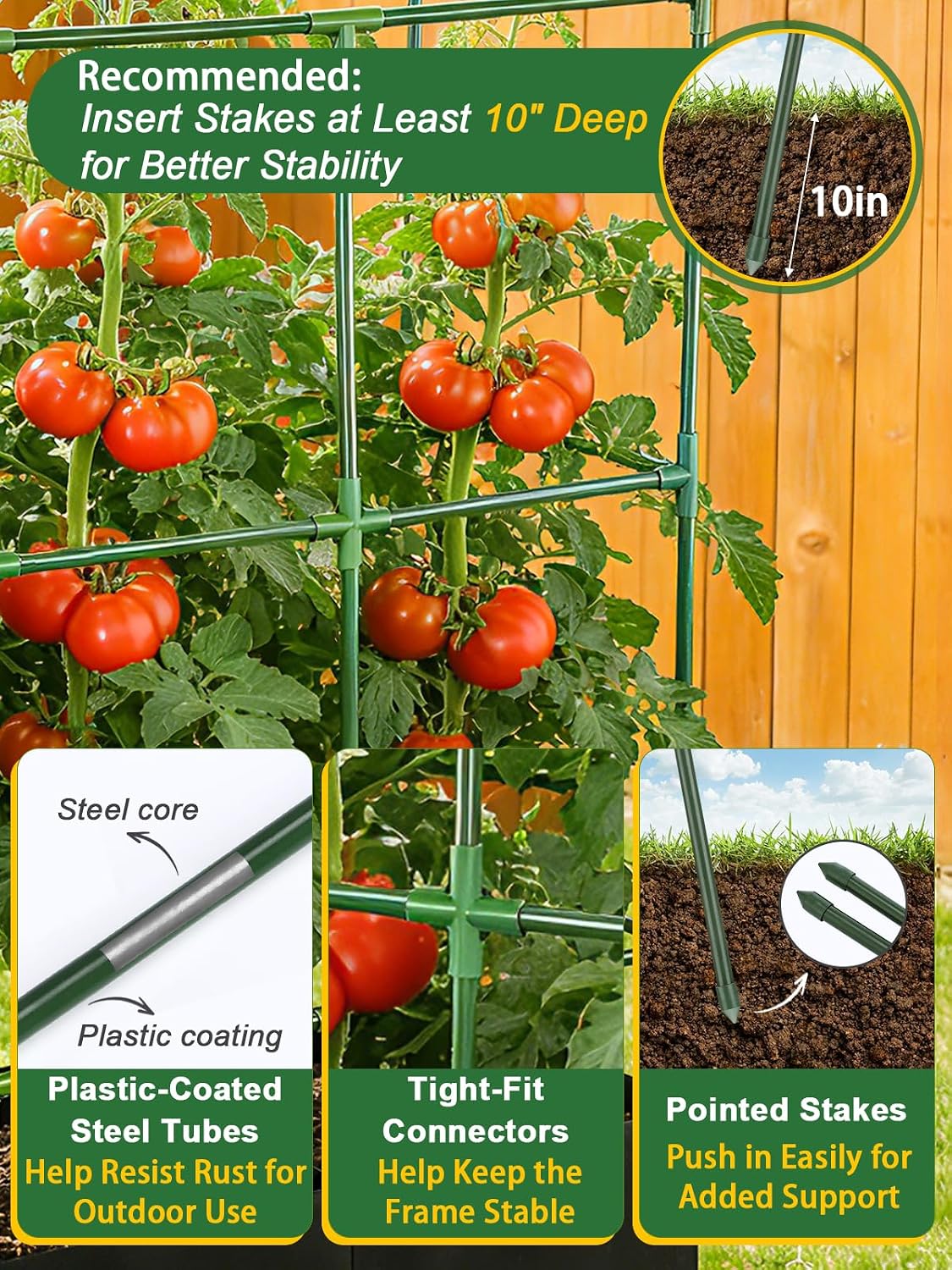 Tomato Cage with 3 Compartment 51 Gallon Grow Bag - 47" L × 15.7" W × 45" H Heavy Duty Square Tomato Planter Trellis
