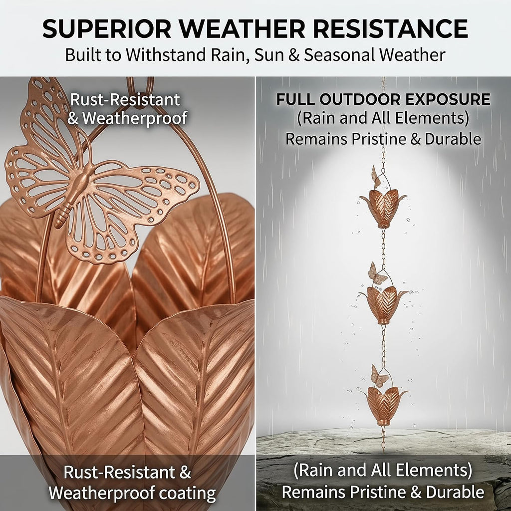 8.75FT Metal Rain Chain for Gutters | Decorative Tulip with Butterfly Cups, Outdoor Downspout Replacement Garden Decor
