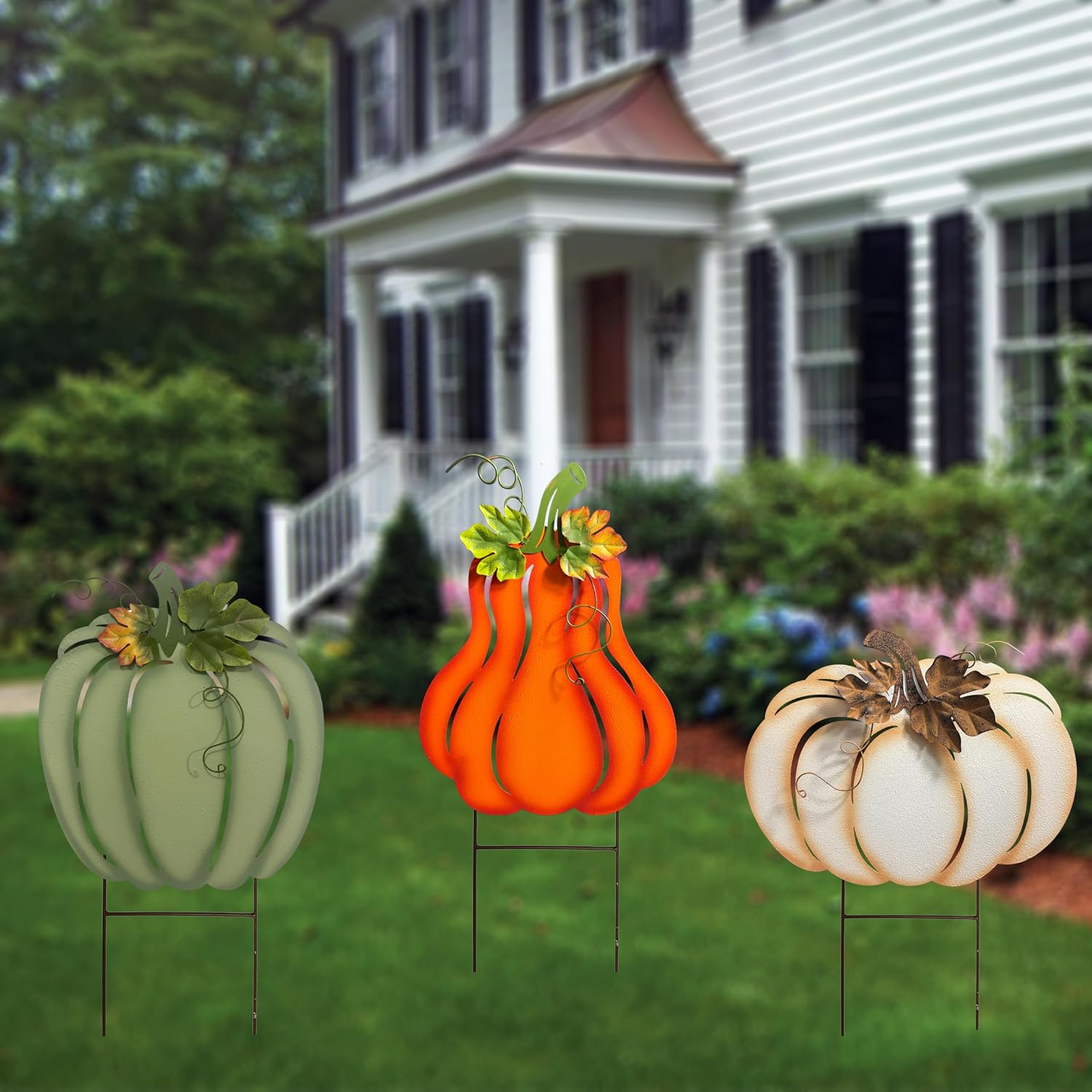 Fall Harvest Metal Pumpkin Garden Stakes, Set of 3, Orange White Green, Autumn Yard Decor