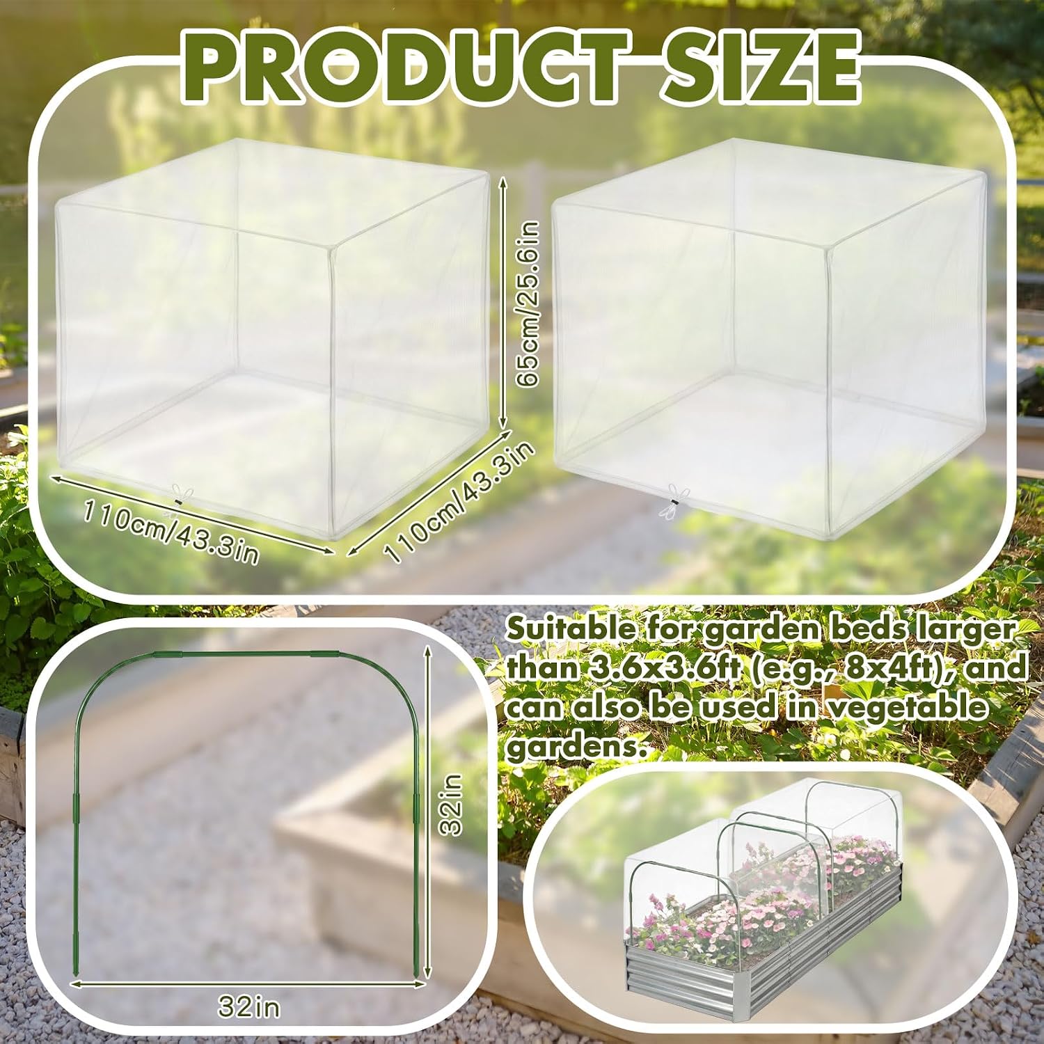 Woanger 2 Pack Garden Netting for Raised Beds Rectangular Pest Barrier with Hoops for Garden Protection Plant Mesh