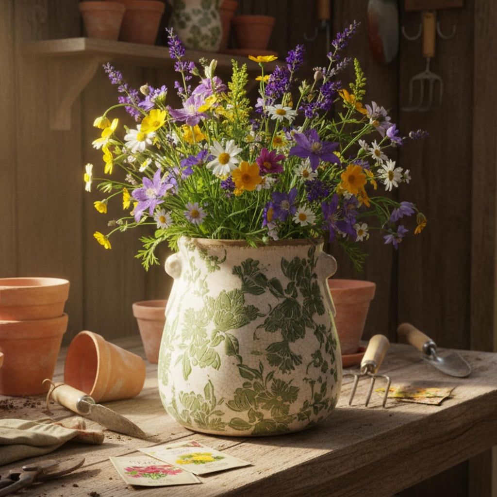 Vintage Green and White Ceramic Floral Vase Planter, Rustic Crackle Glaze Pottery Jar, Hand-Painted Floral Pot Design