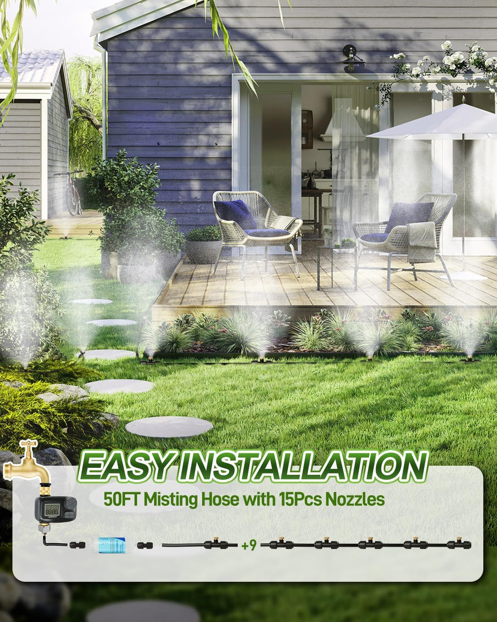 Misters for Outside Patio with Automatic Sprinkler Timer | 50FT Misting System, Extra 10FT Water Pipes,17 Nozzles