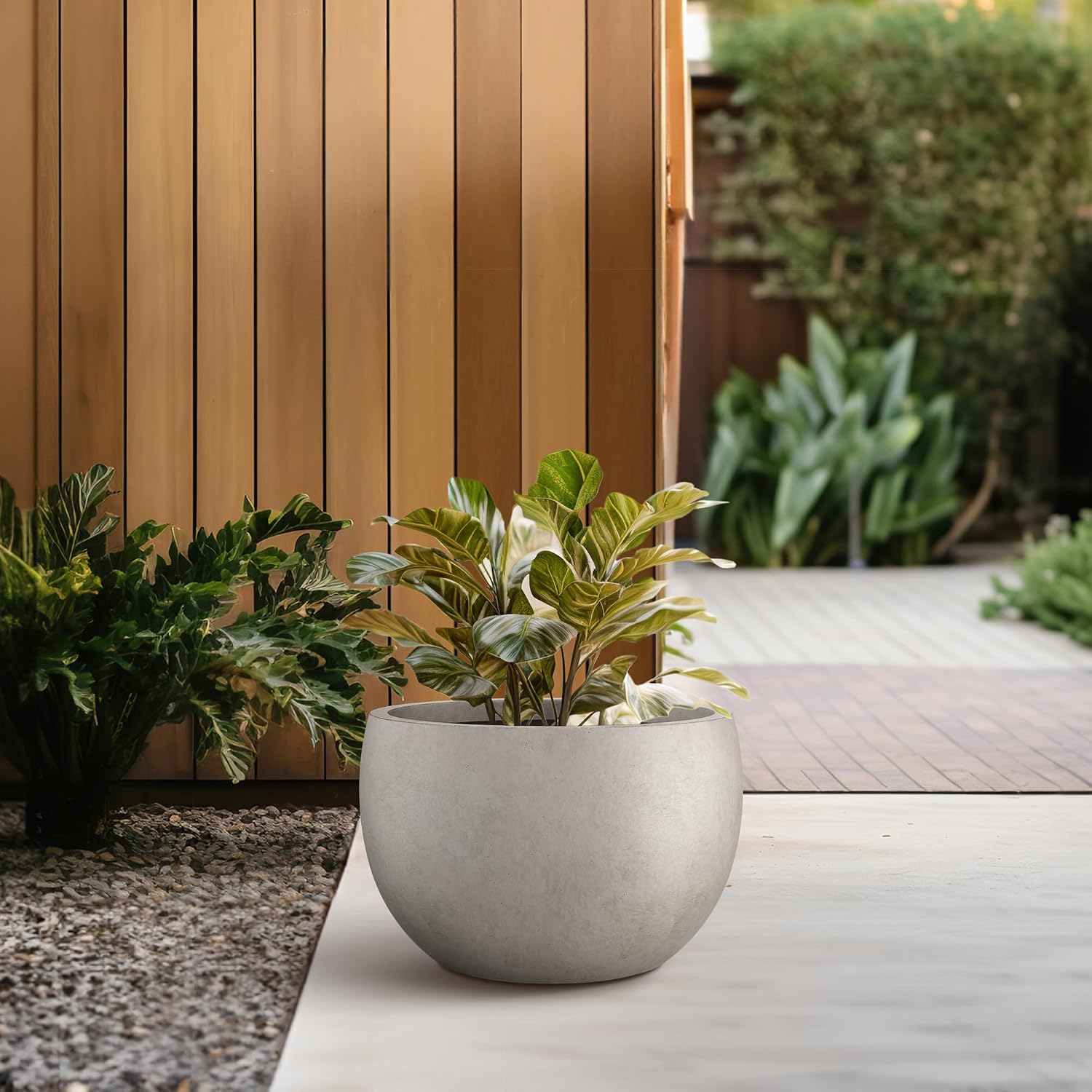 Kante Small Round Bowl Weathered Concrete Planter 11.8" Dia, Outdoor | Rubber Plug for Indoor, Drainage for Garden