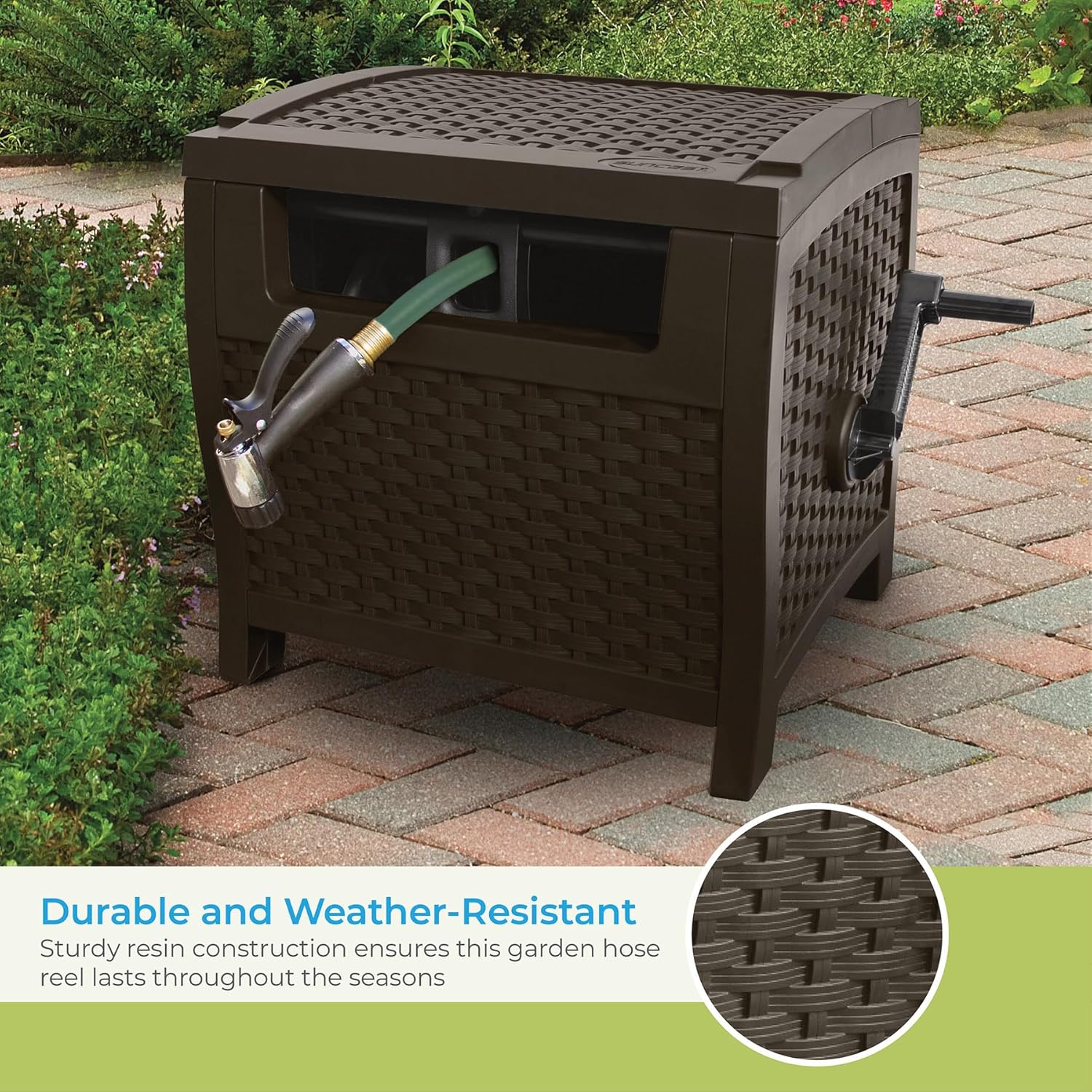 Suncast 175 ft. Wicker Style Resin Hose Hideaway with Hose Guide, Java, Made in the USA